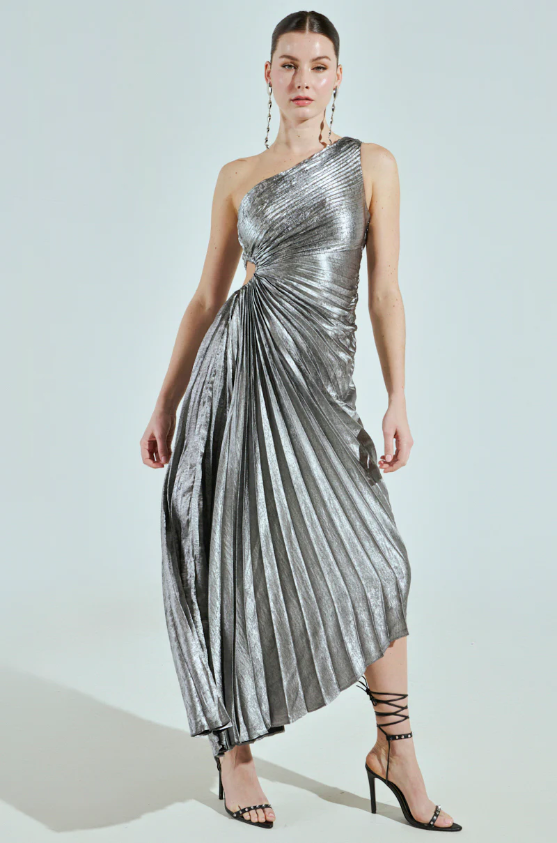 A LITTLE PARTY PLEATED MIDI DRESS IN SILVER - Image 4