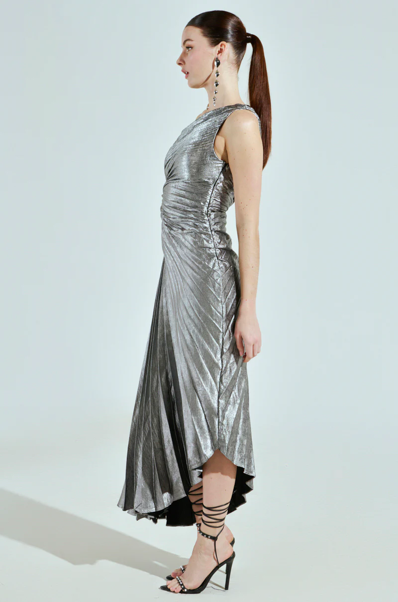 A LITTLE PARTY PLEATED MIDI DRESS IN SILVER - Image 5