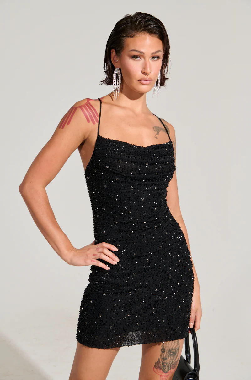 A NIGHT TO REMEMBER SLINKY RHINESTONE MINI DRESS IN BLACK - Image 2
