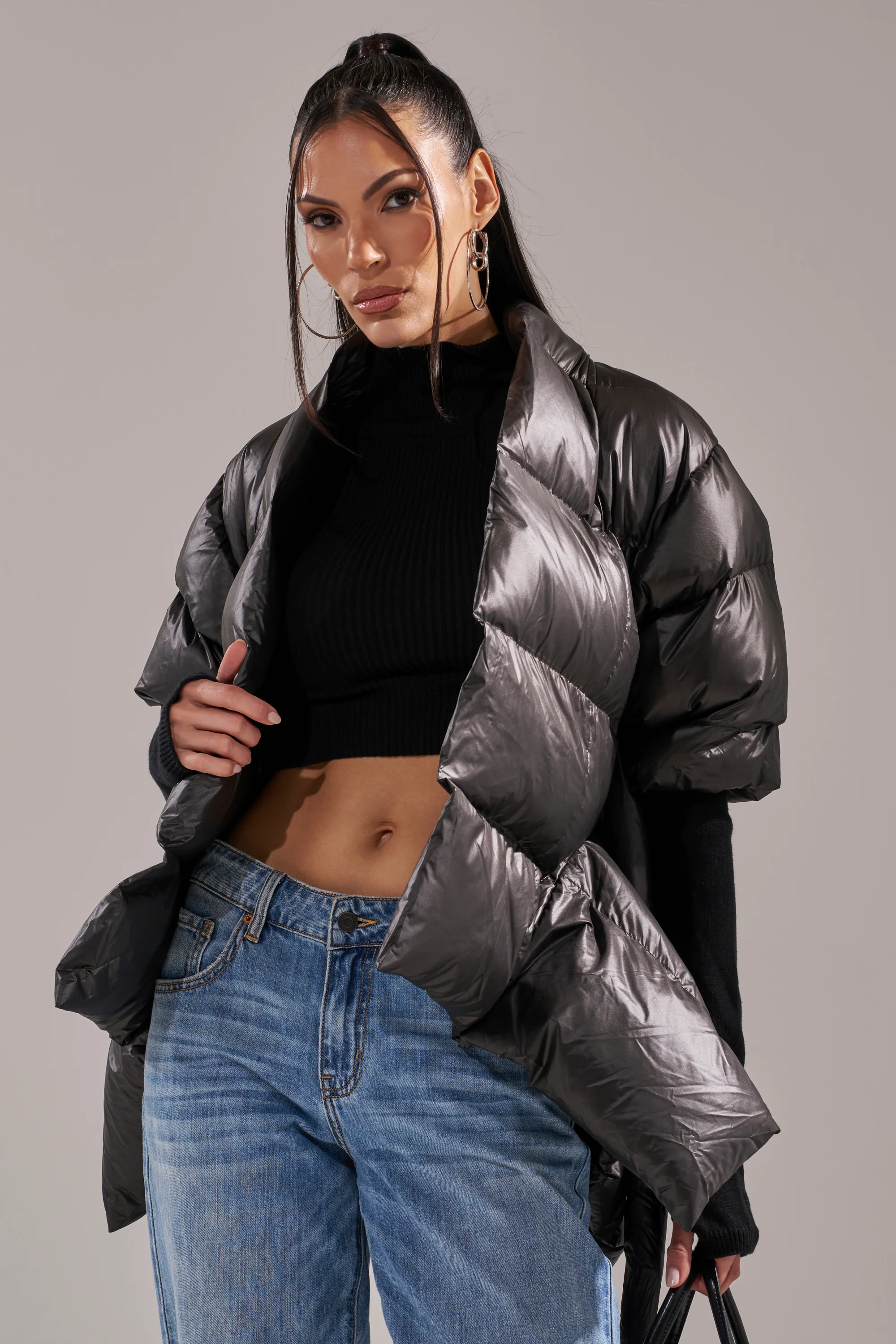 A STEP AHEAD LONG RIBBED SLEEVE PEPLUM PUFFER COAT - Image 2