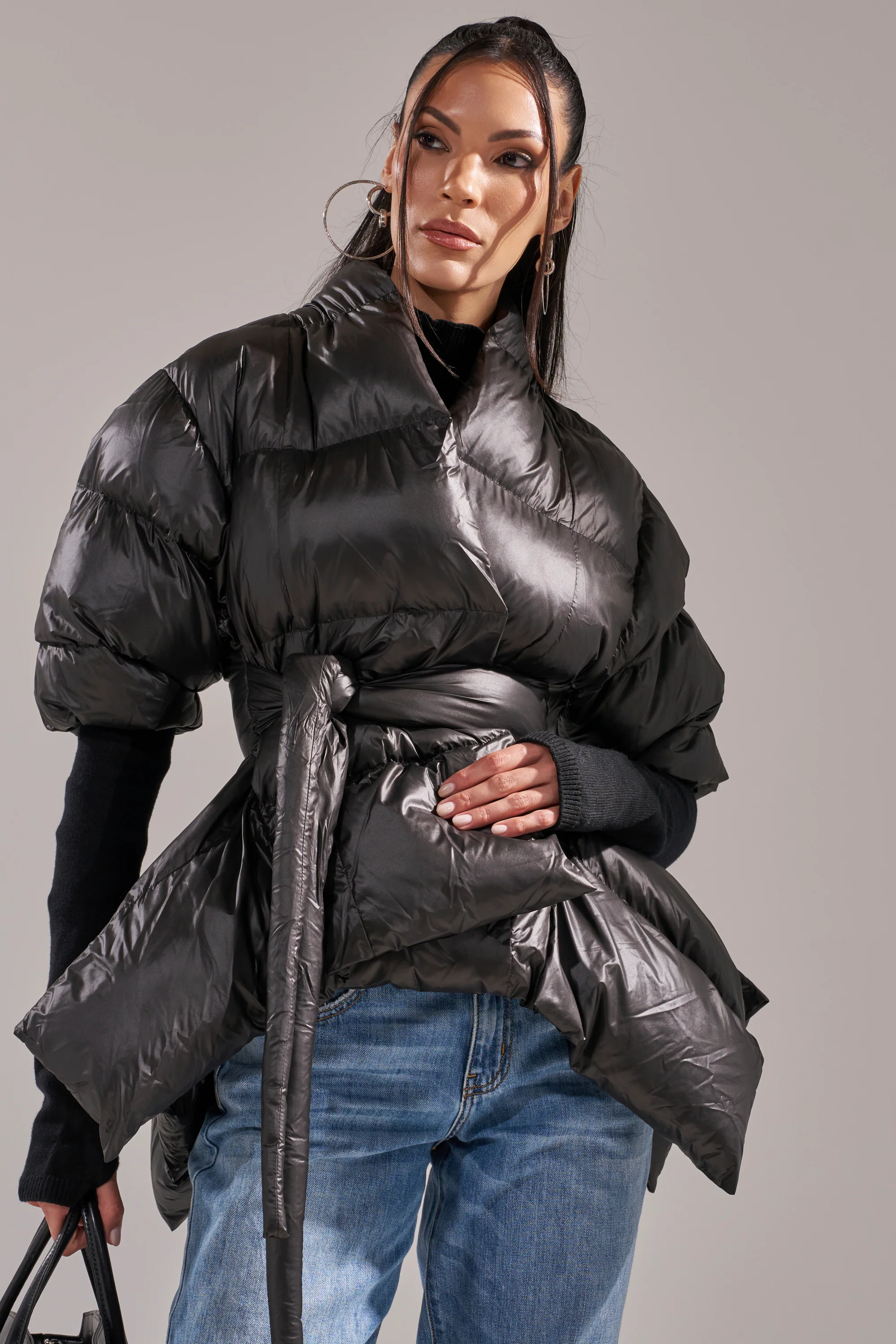A STEP AHEAD LONG RIBBED SLEEVE PEPLUM PUFFER COAT - Image 3