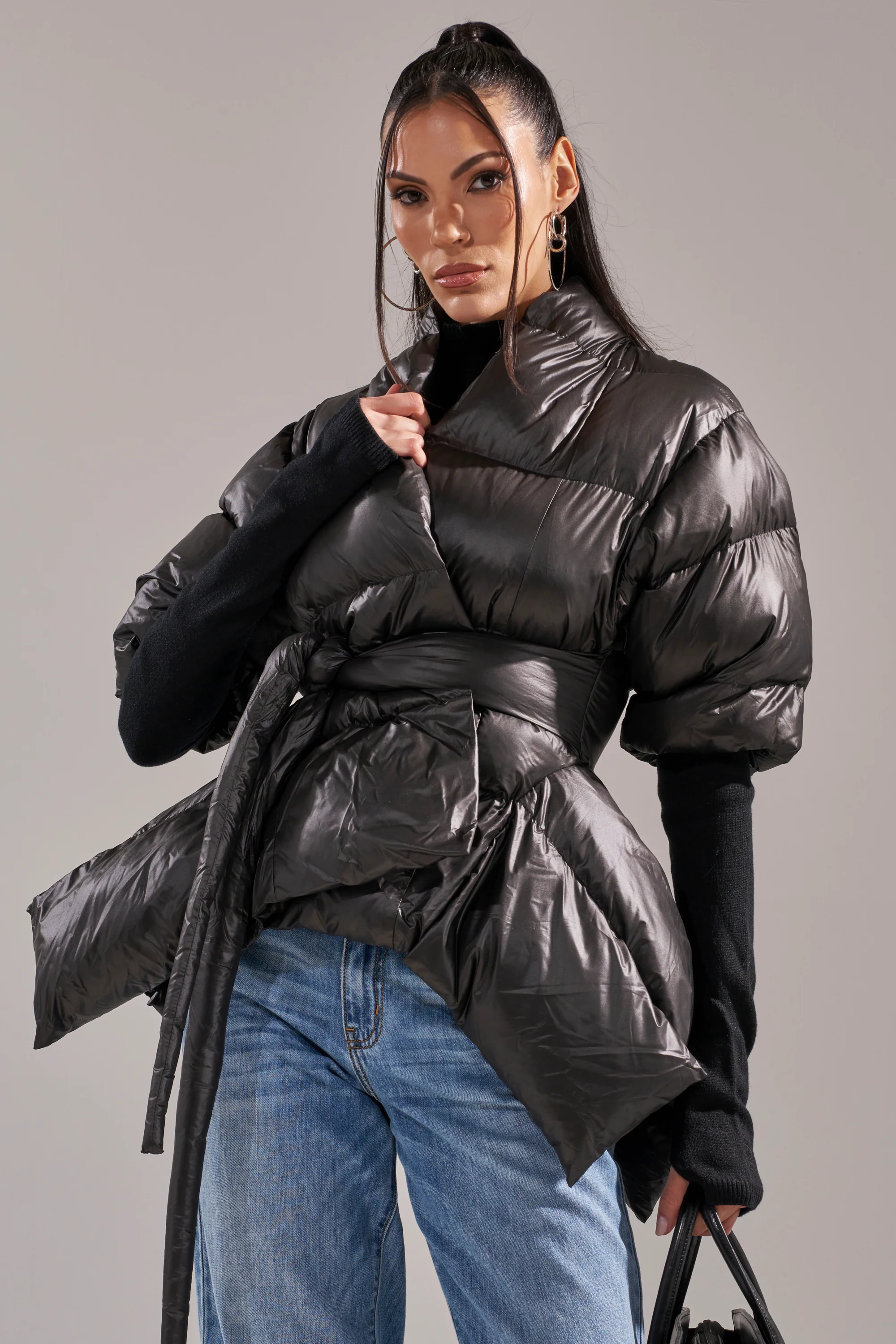 A STEP AHEAD LONG RIBBED SLEEVE PEPLUM PUFFER COAT - Image 4