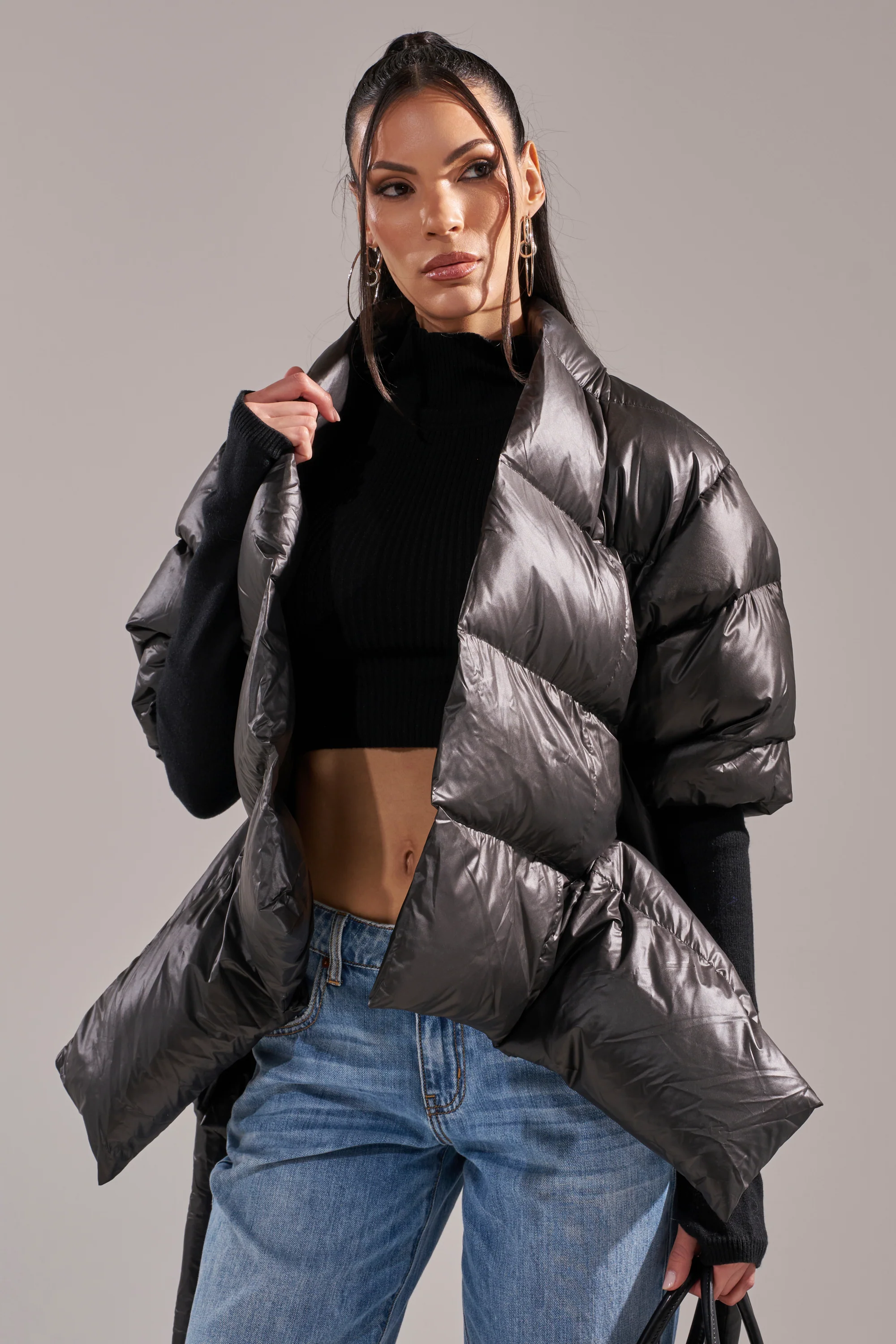 A STEP AHEAD LONG RIBBED SLEEVE PEPLUM PUFFER COAT - Image 5