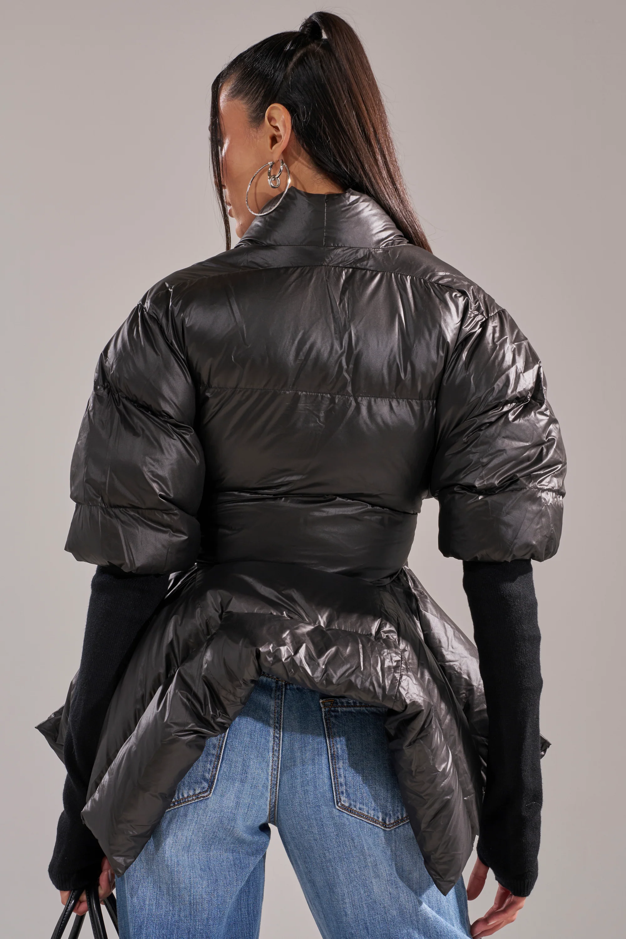 A STEP AHEAD LONG RIBBED SLEEVE PEPLUM PUFFER COAT - Image 7