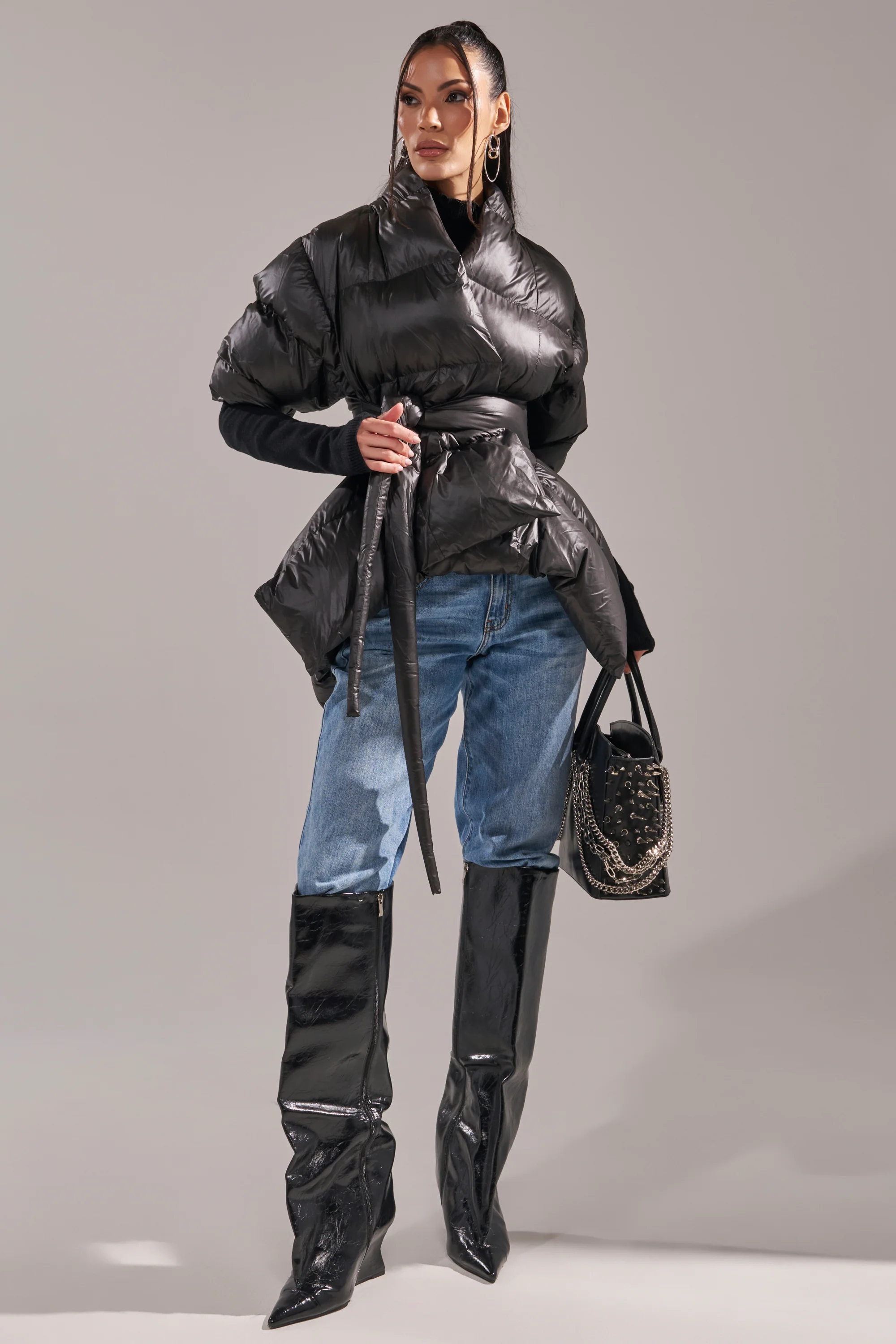 A STEP AHEAD LONG RIBBED SLEEVE PEPLUM PUFFER COAT - Image 9