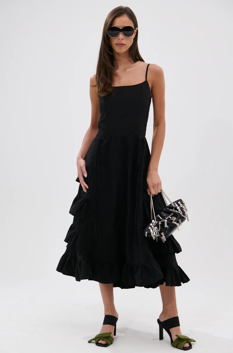ADDED DRAMA RUFFLED MIDI DRESS IN BLACK - Image 2