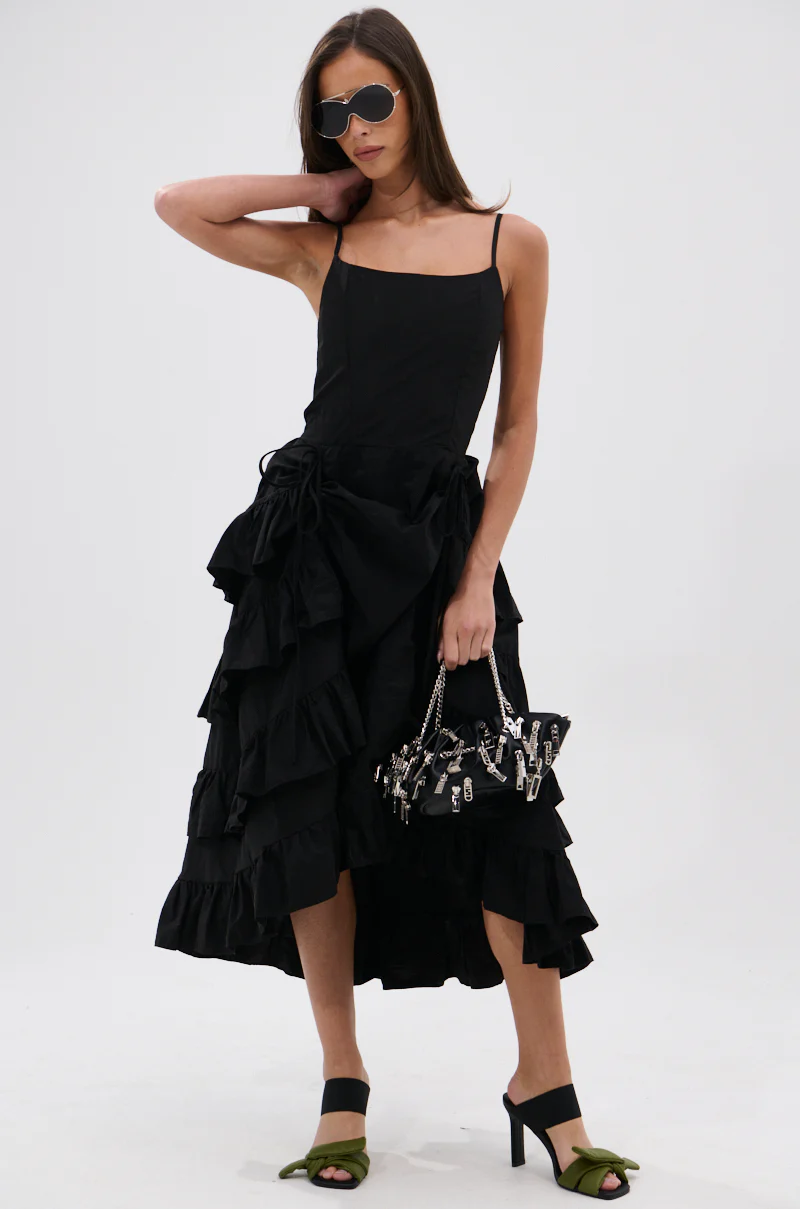 ADDED DRAMA RUFFLED MIDI DRESS IN BLACK - Image 8