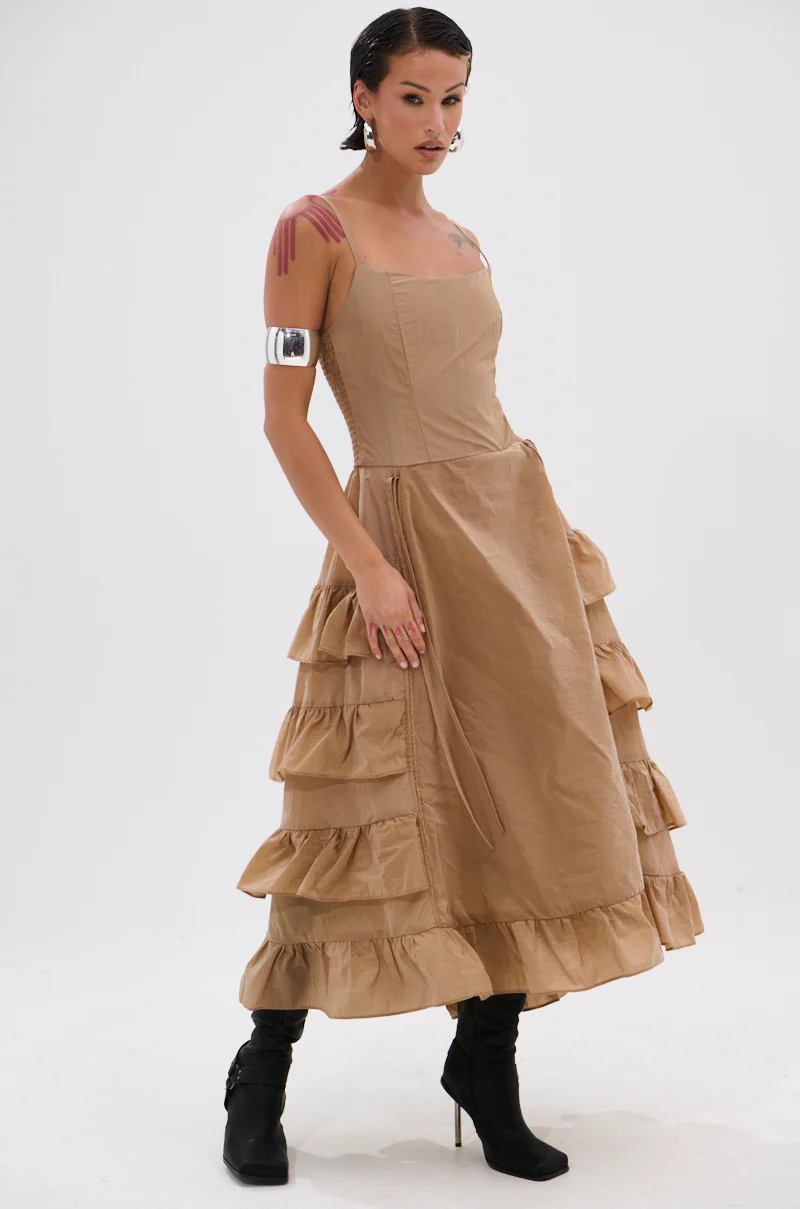 ADDED DRAMA RUFFLED MIDI DRESS IN KHAKI - Image 2