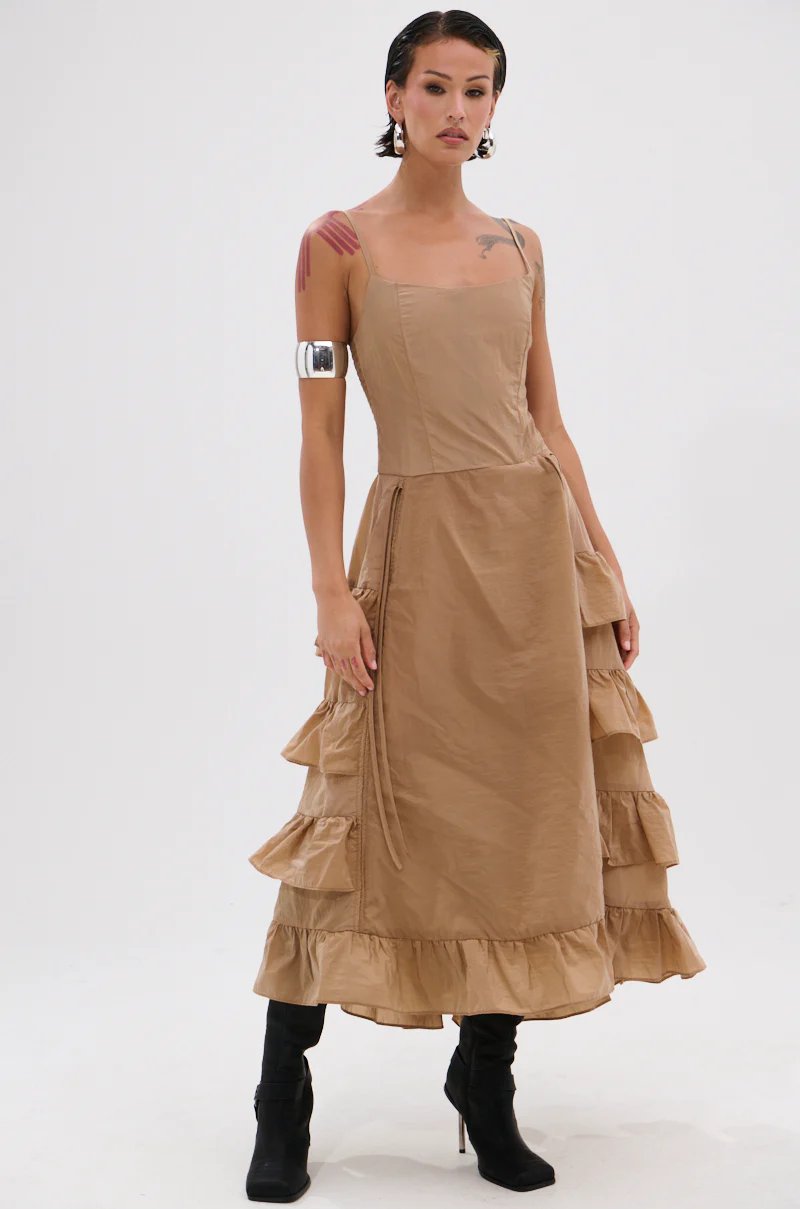 ADDED DRAMA RUFFLED MIDI DRESS IN KHAKI - Image 3