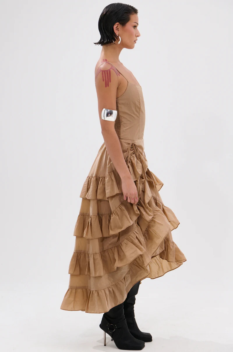 ADDED DRAMA RUFFLED MIDI DRESS IN KHAKI - Image 4