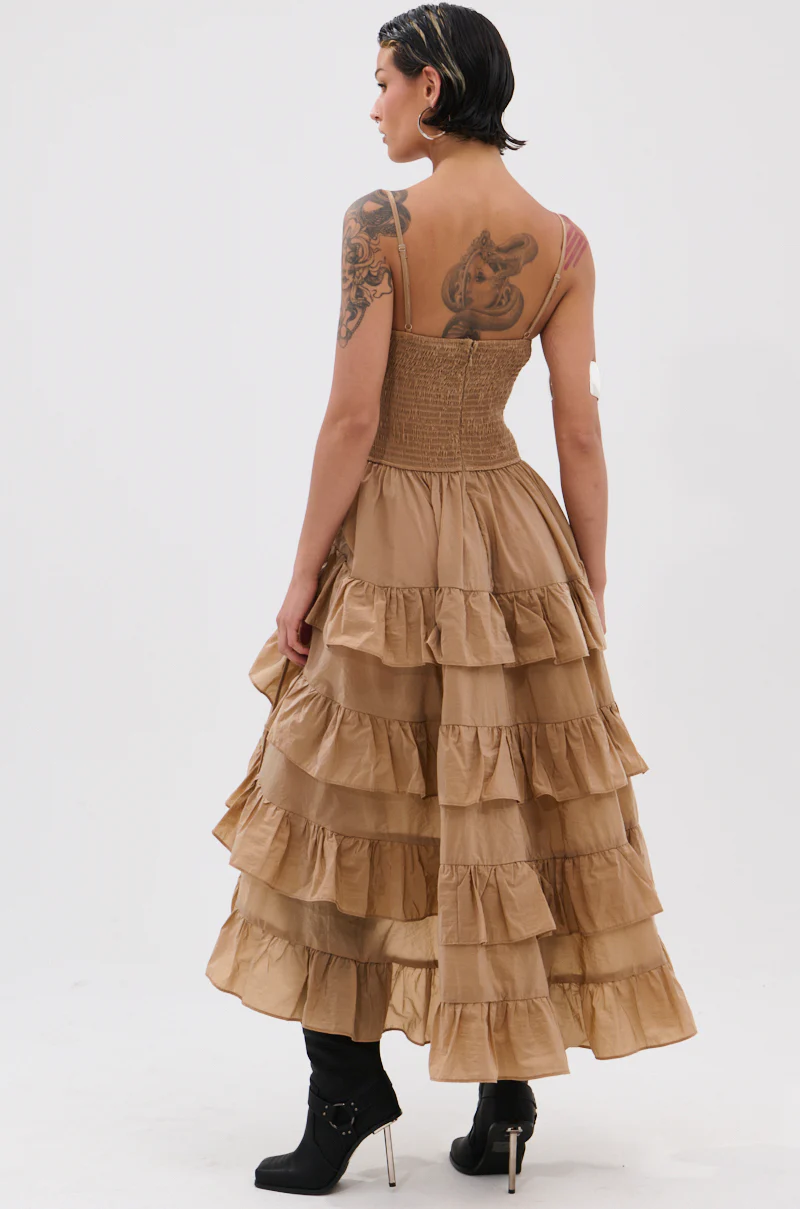 ADDED DRAMA RUFFLED MIDI DRESS IN KHAKI - Image 5