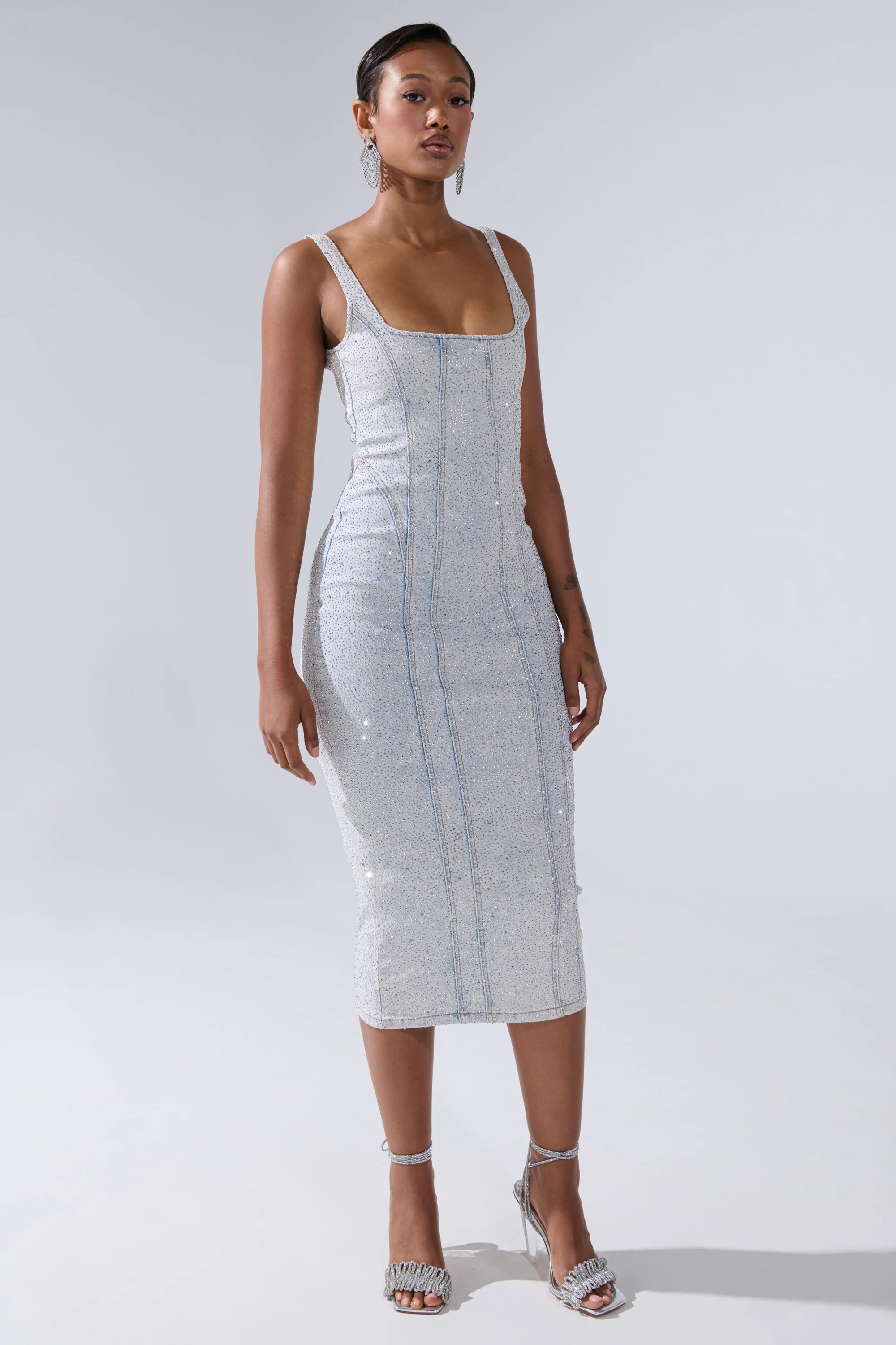 AFTER HOURS DENIM RHINESTONE MIDI DRESS - Image 3