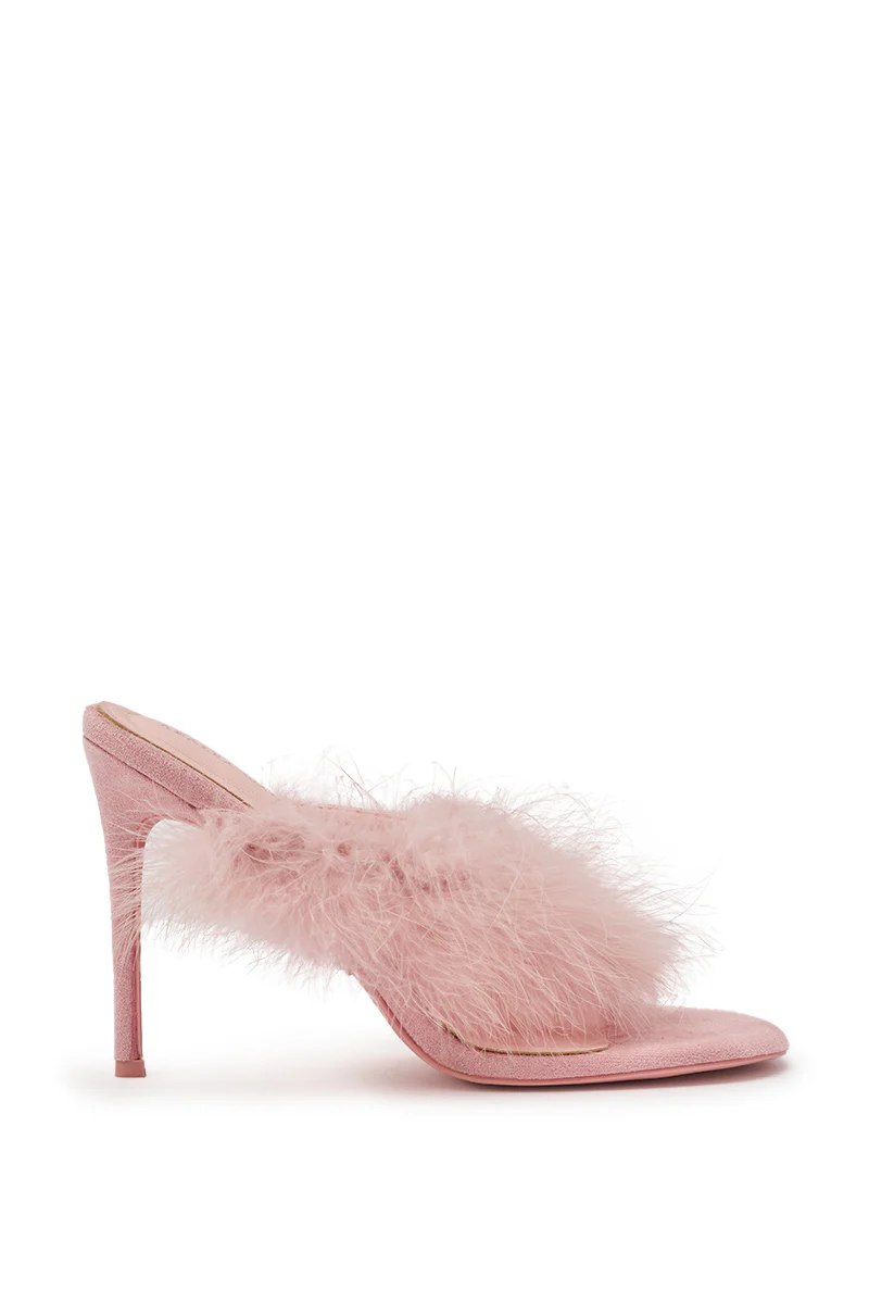 AKIRA FEMINISTA PINK FAUX SUEDE FUR EMBELLISHED KITTEN HEEL SANDAL - Image 4