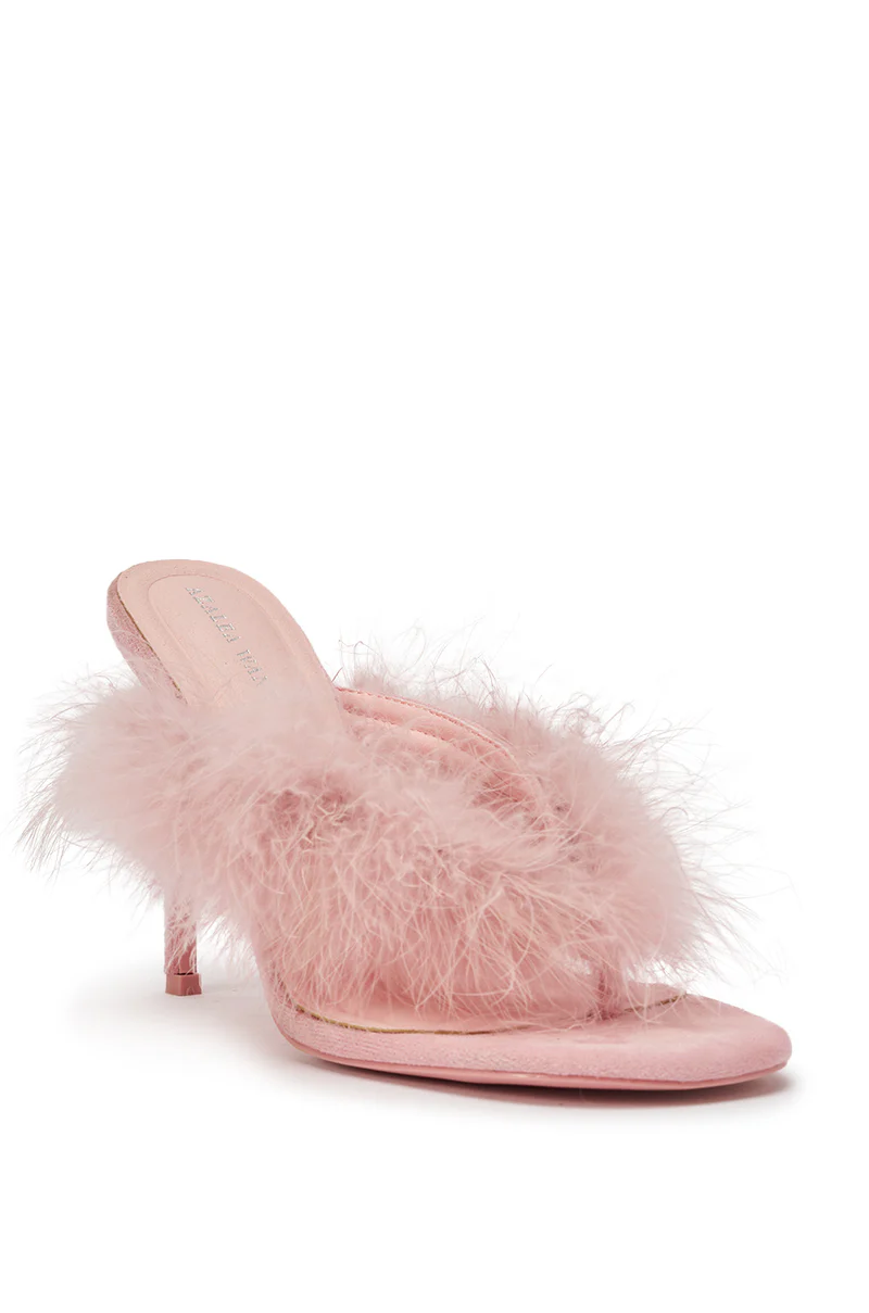 AKIRA FEMINISTA PINK FAUX SUEDE FUR EMBELLISHED KITTEN HEEL SANDAL - Image 5