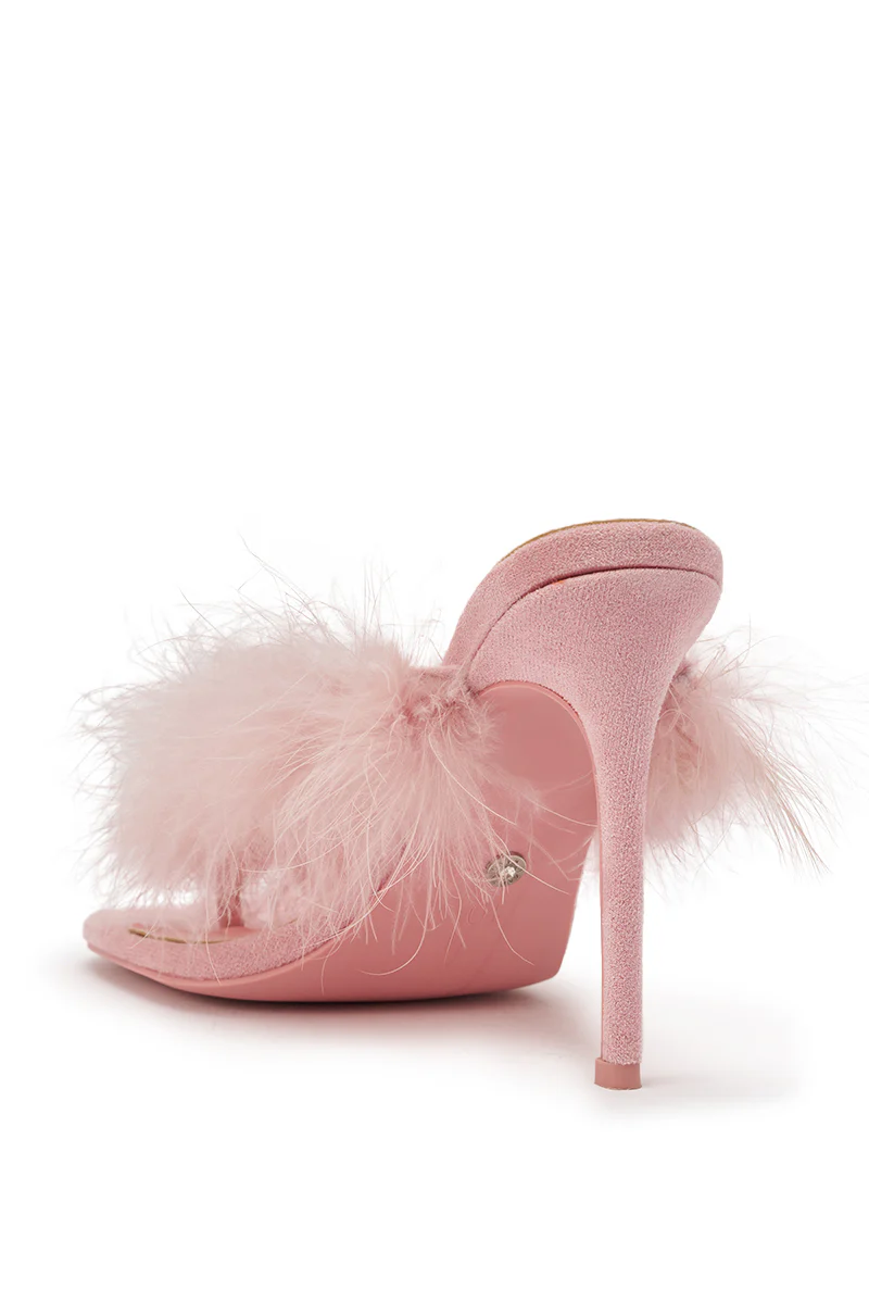 AKIRA FEMINISTA PINK FAUX SUEDE FUR EMBELLISHED KITTEN HEEL SANDAL - Image 6