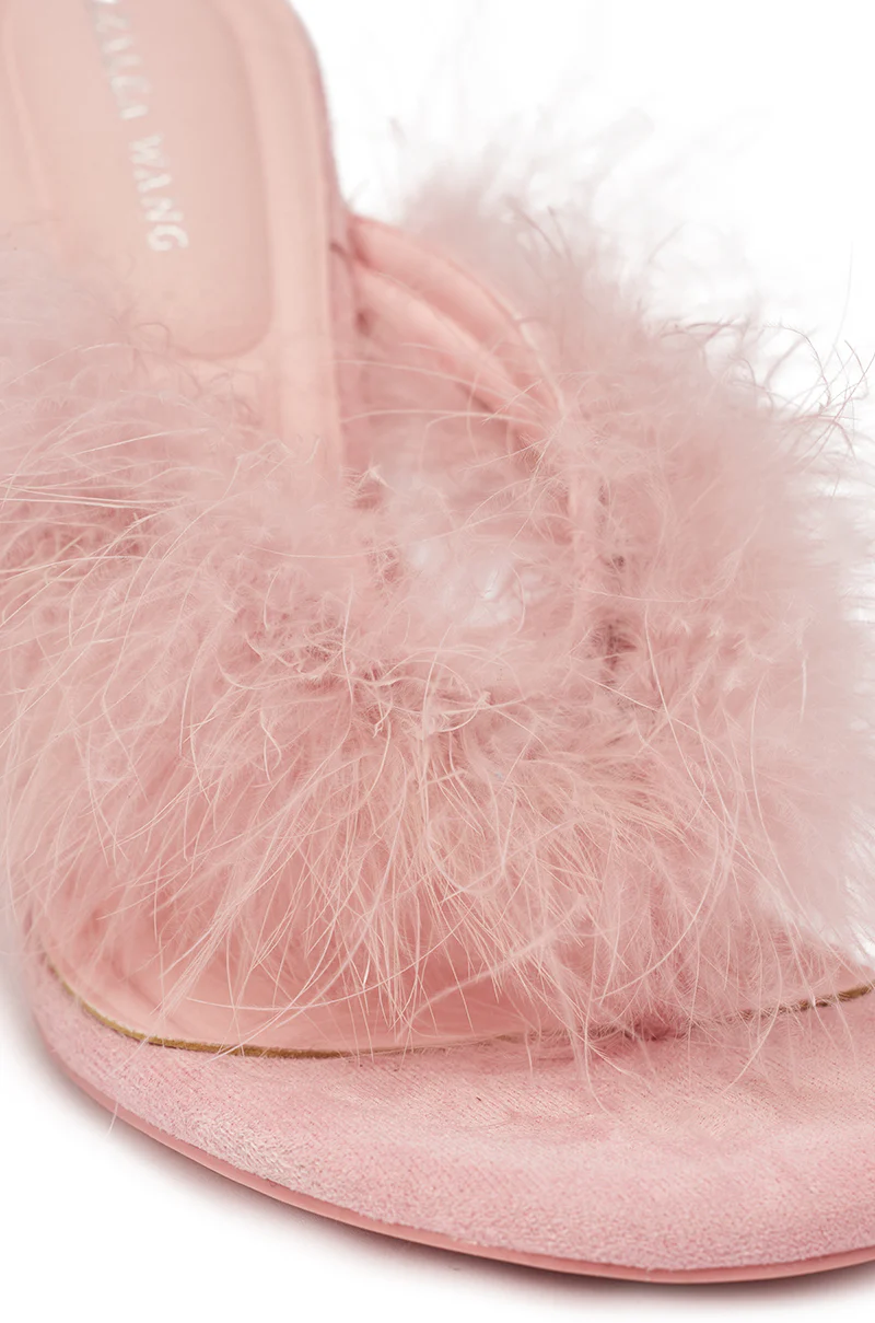 AKIRA FEMINISTA PINK FAUX SUEDE FUR EMBELLISHED KITTEN HEEL SANDAL - Image 7