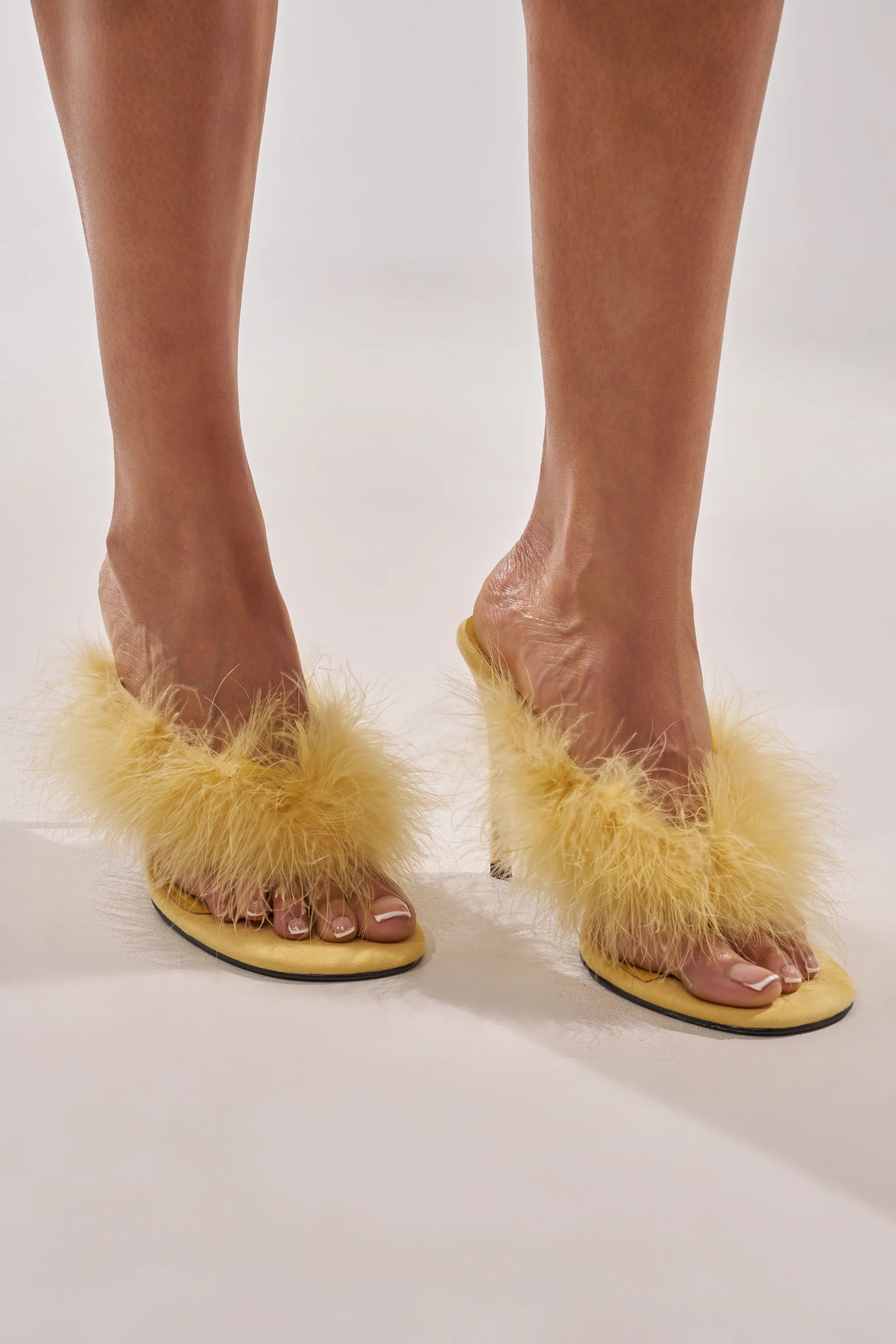AKIRA FEMINISTA YELLOW FAUX SUEDE YELLOW FUR EMBELLISHED KITTEN HEEL SANDAL - Image 2
