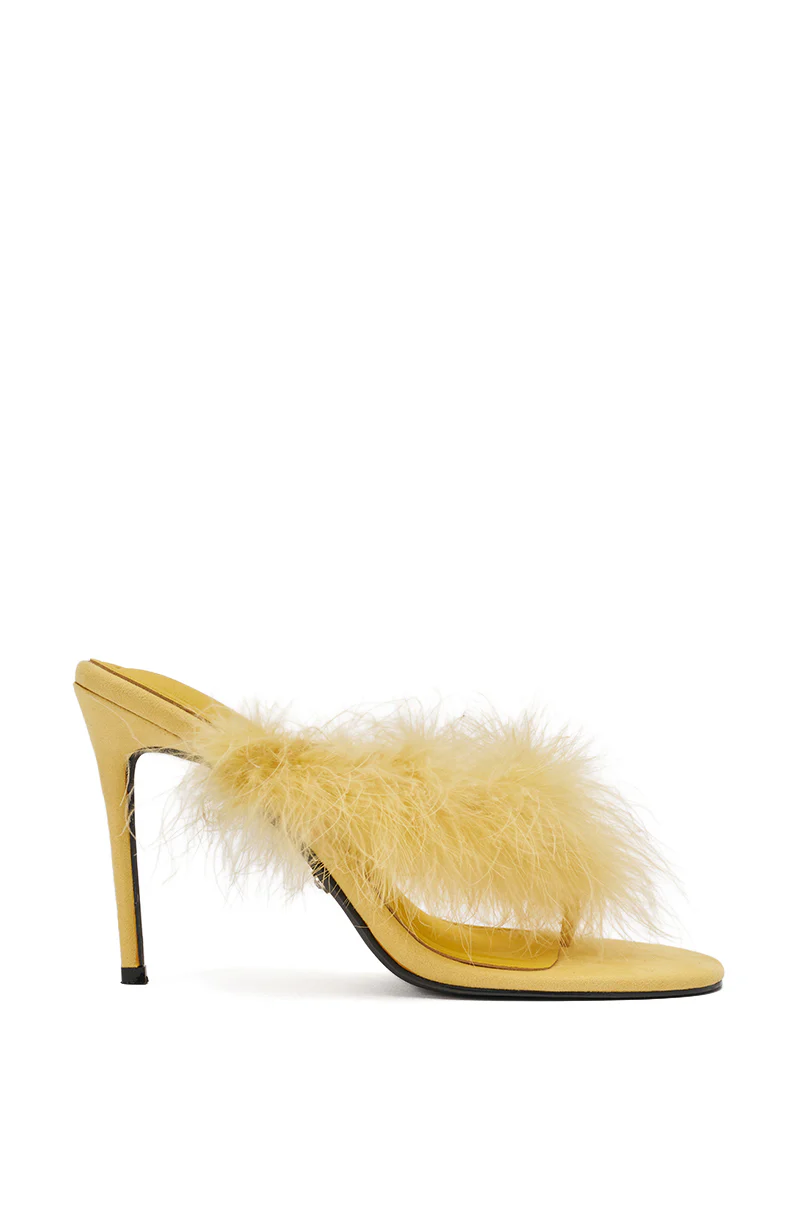 AKIRA FEMINISTA YELLOW FAUX SUEDE YELLOW FUR EMBELLISHED KITTEN HEEL SANDAL - Image 4