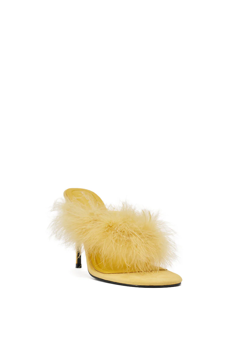 AKIRA FEMINISTA YELLOW FAUX SUEDE YELLOW FUR EMBELLISHED KITTEN HEEL SANDAL - Image 5