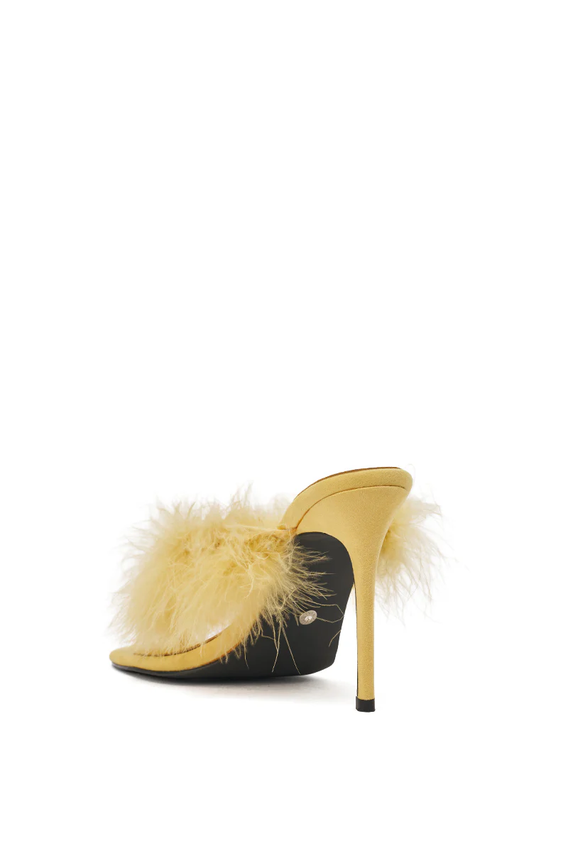 AKIRA FEMINISTA YELLOW FAUX SUEDE YELLOW FUR EMBELLISHED KITTEN HEEL SANDAL - Image 6