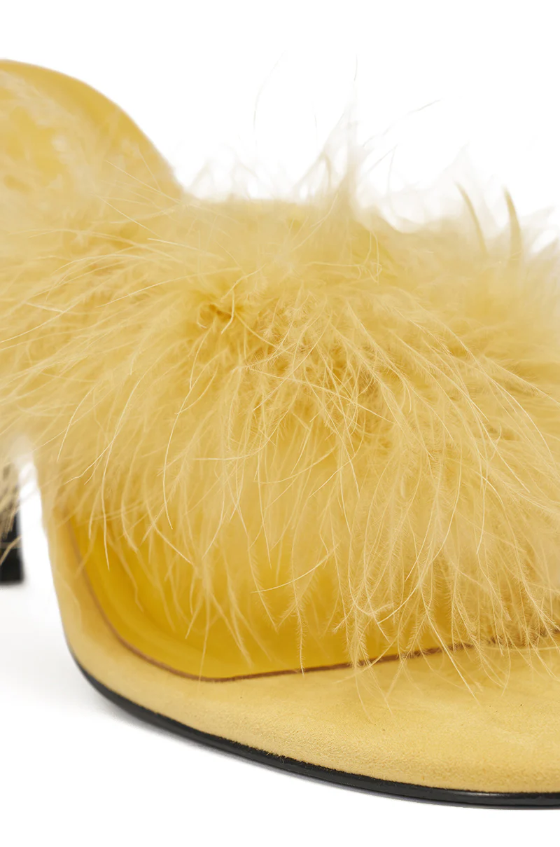 AKIRA FEMINISTA YELLOW FAUX SUEDE YELLOW FUR EMBELLISHED KITTEN HEEL SANDAL - Image 7