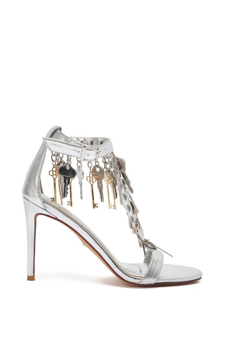 AKIRA GOLD ANNIKI SILVER KEY EMBELLISHED NOVELTY STILETTO SANDAL - Image 4