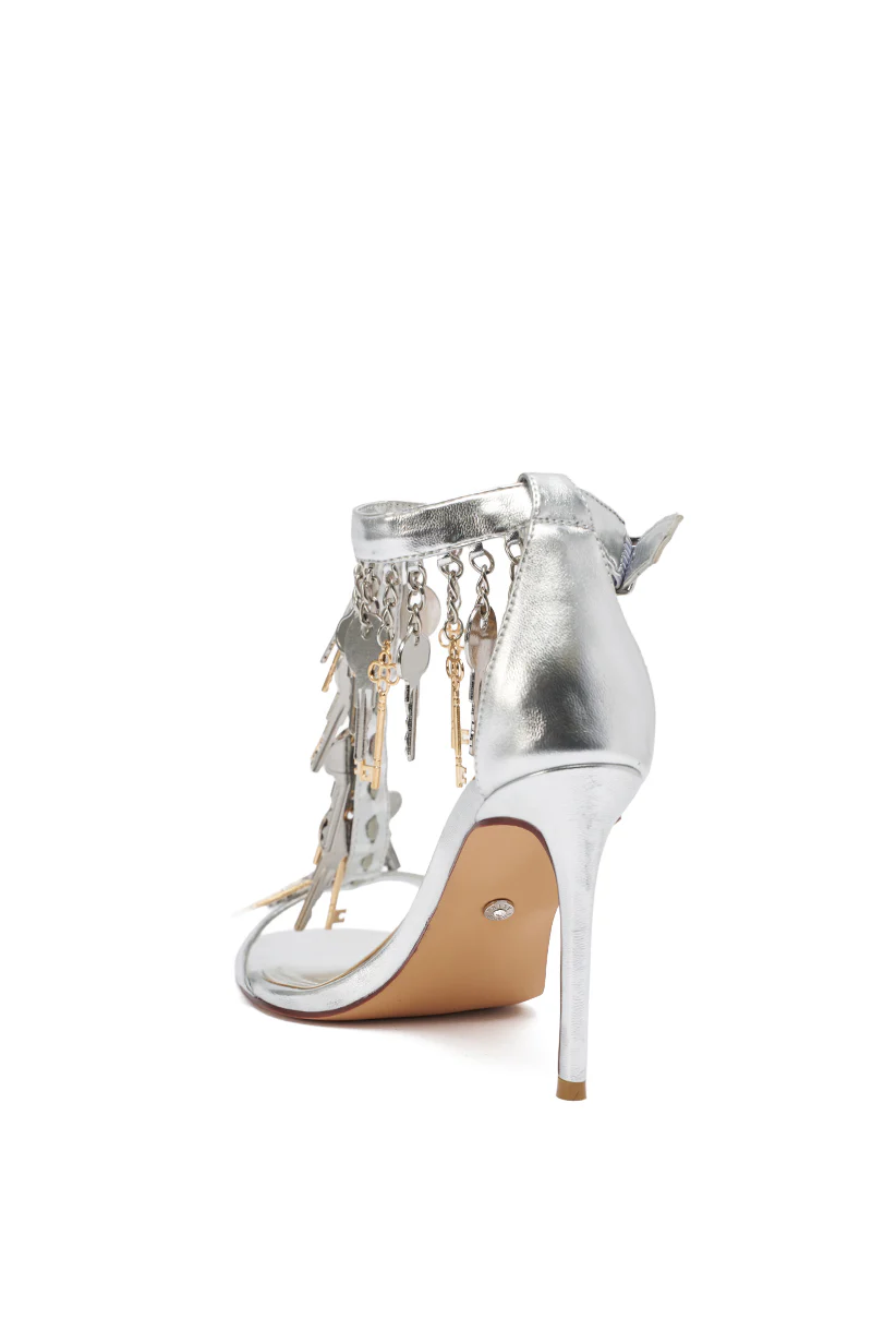 AKIRA GOLD ANNIKI SILVER KEY EMBELLISHED NOVELTY STILETTO SANDAL - Image 6