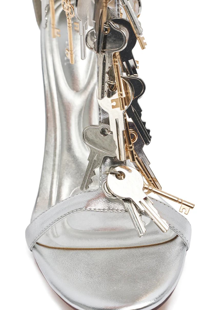 AKIRA GOLD ANNIKI SILVER KEY EMBELLISHED NOVELTY STILETTO SANDAL - Image 7