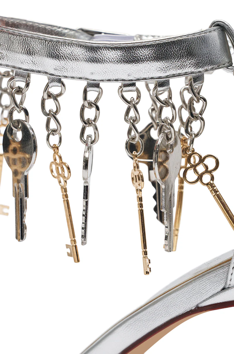 AKIRA GOLD ANNIKI SILVER KEY EMBELLISHED NOVELTY STILETTO SANDAL - Image 8