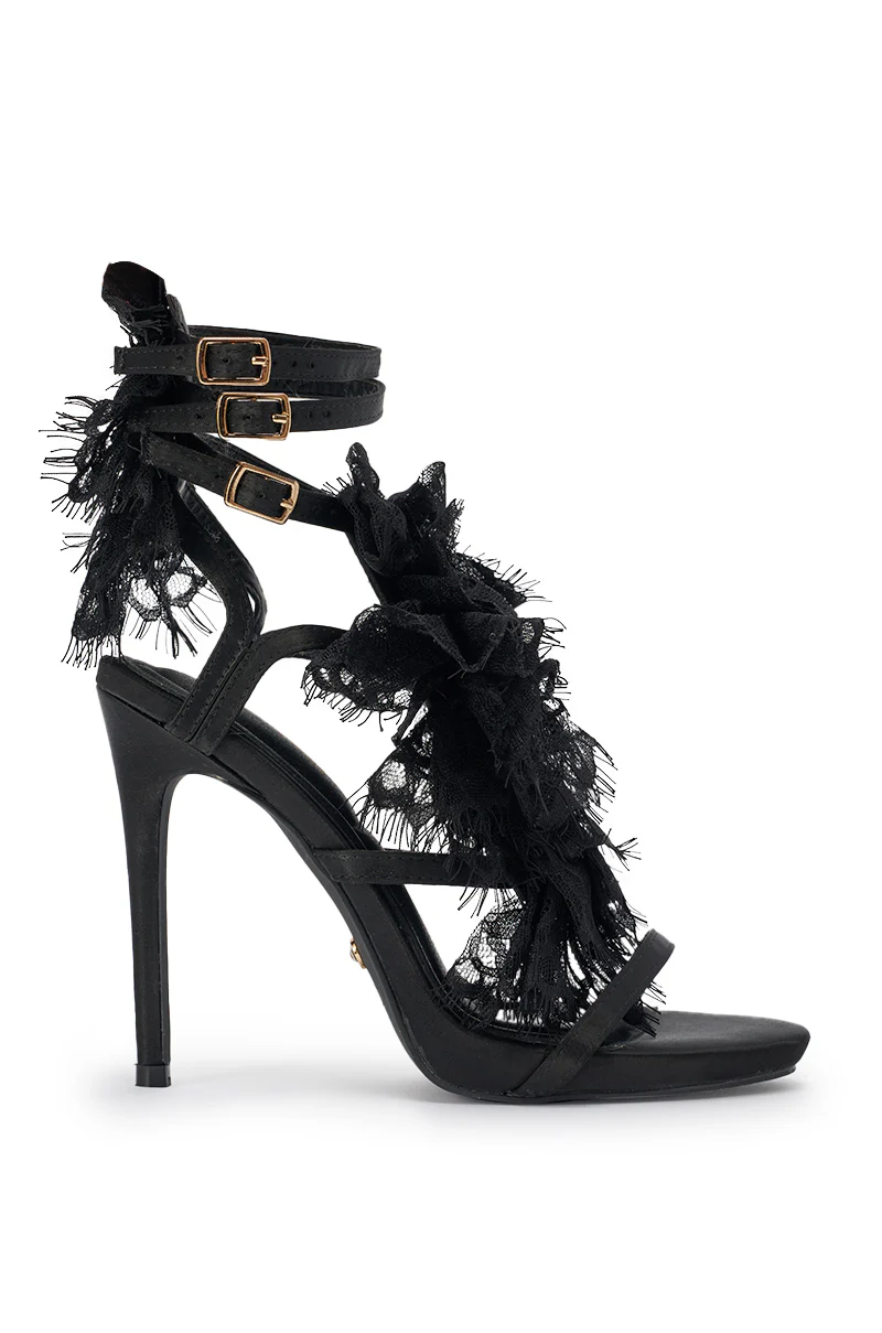AKIRA GOLD BARRISTER BLACK LACE DETAIL STILETTO SANDAL - Image 4