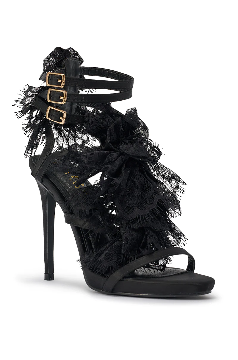 AKIRA GOLD BARRISTER BLACK LACE DETAIL STILETTO SANDAL - Image 5