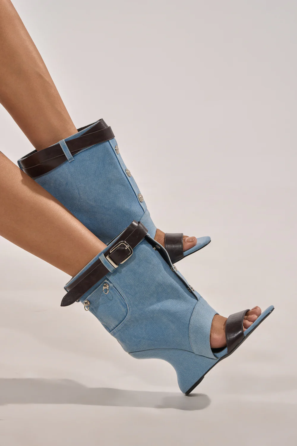 AKIRA GOLD BLEILIC DENIM WEDGE OPEN TOE BOOTIE