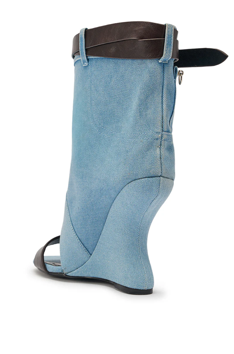 AKIRA GOLD BLEILIC DENIM WEDGE OPEN TOE BOOTIE - Image 6
