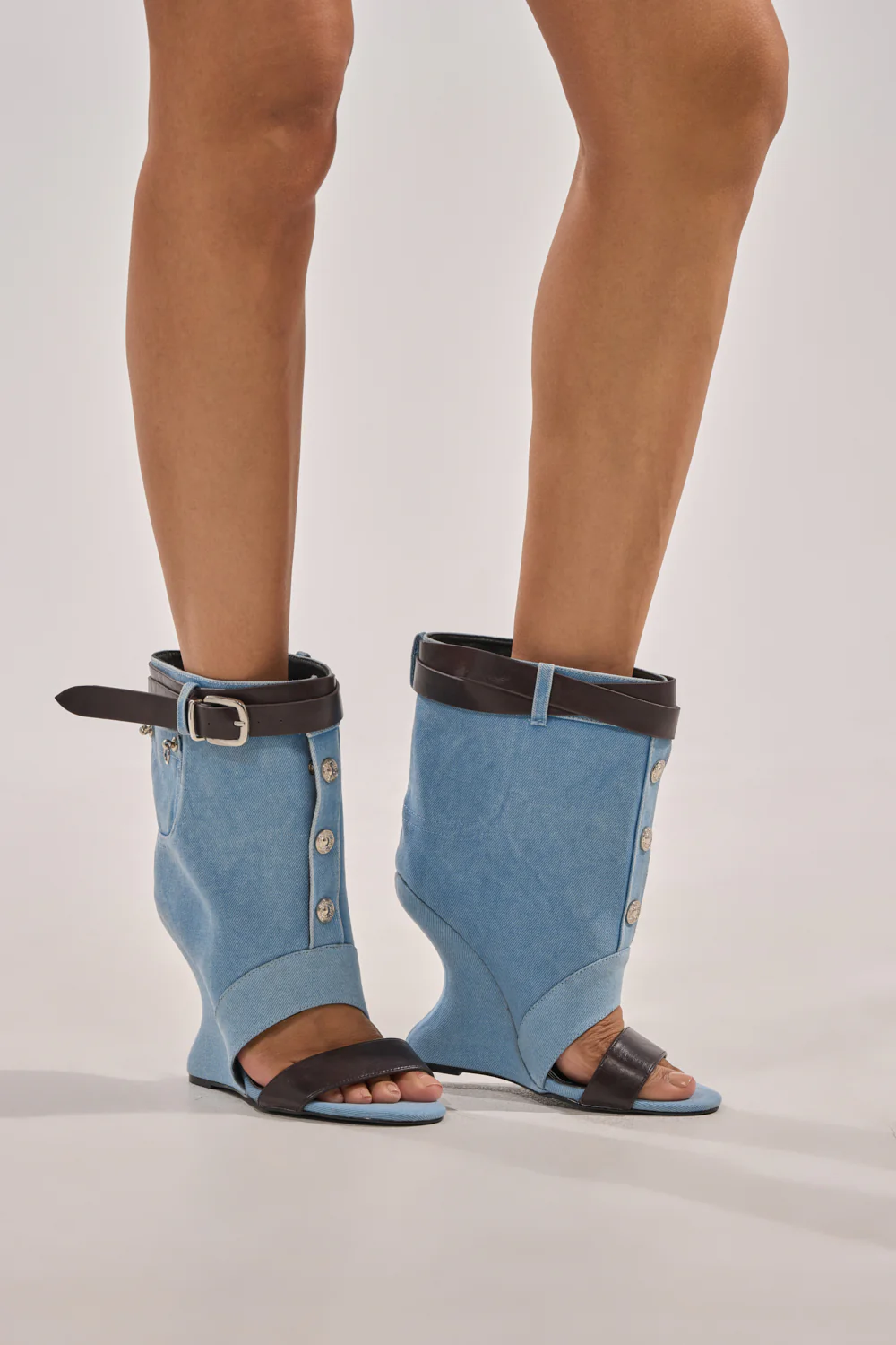 AKIRA GOLD BLEILIC DENIM WEDGE OPEN TOE BOOTIE - Image 8