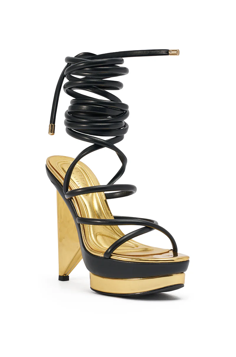 AKIRA GOLD CELINEA BLACK NOVELTY GOLD HEEL SANDAL - Image 6