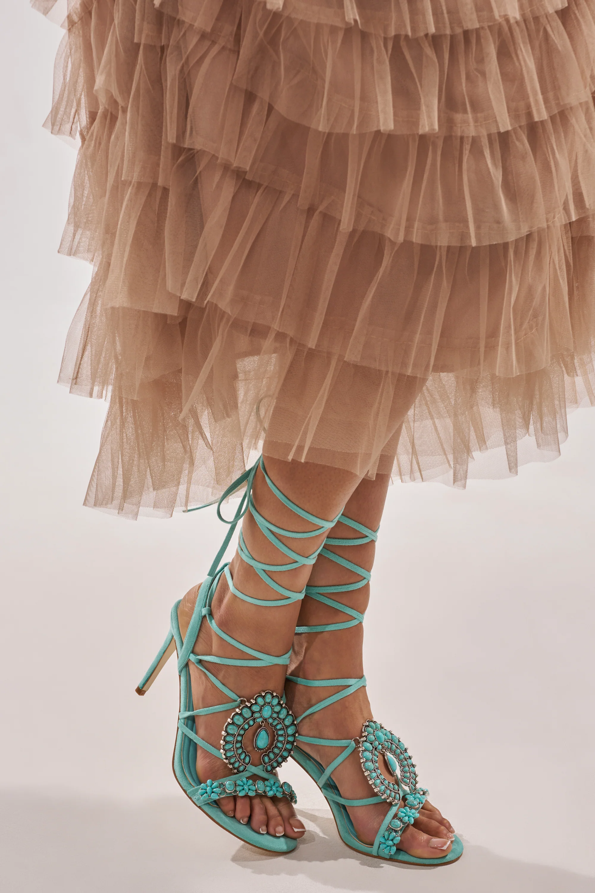 AKIRA GOLD CLIPSE AQUA HARDWARE EMBELLISHED STILETTO SANDAL