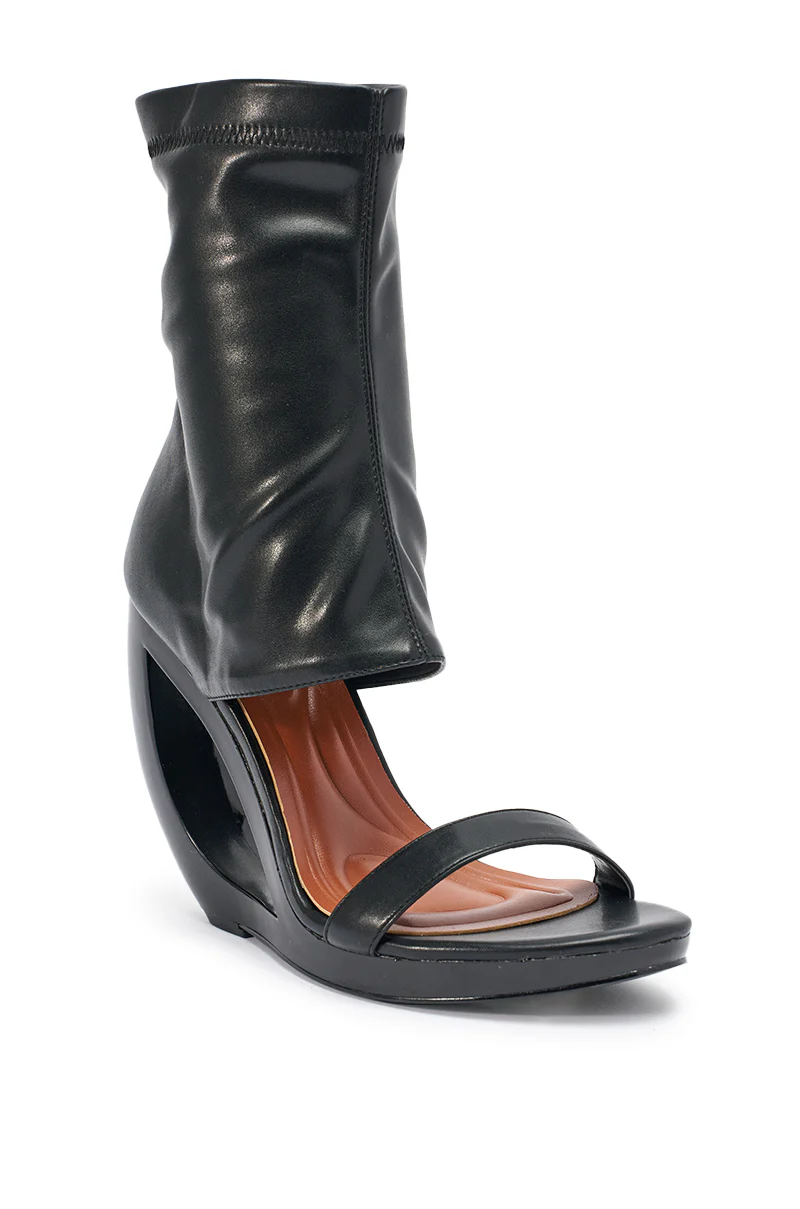 AKIRA GOLD DUMISANI BLACK WEDGE OPEN TOE BOOTIE - Image 4