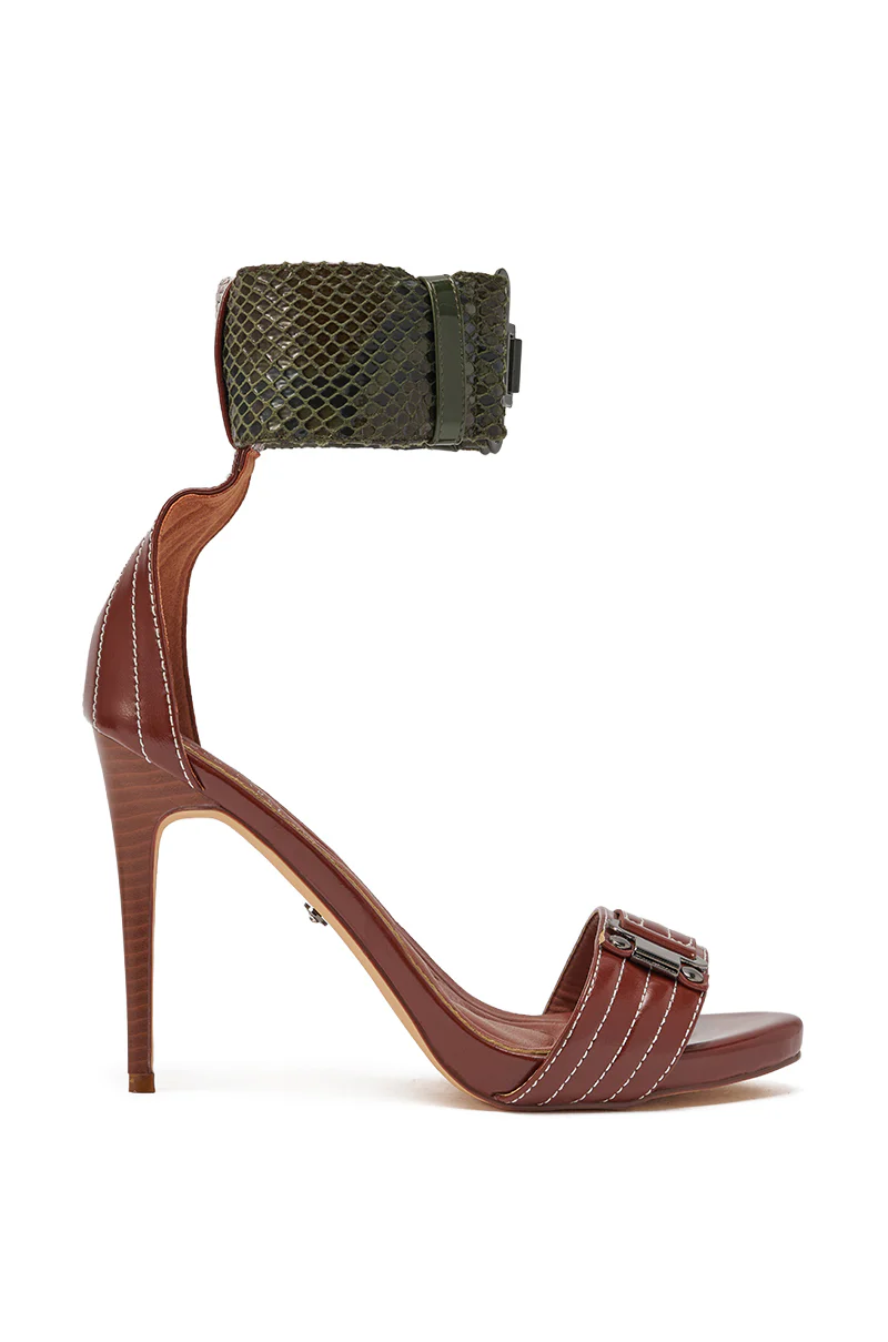 AKIRA GOLD ELEGY BROWN CROC BUCKLE HARDWARE STILETTO SANDAL - Image 3
