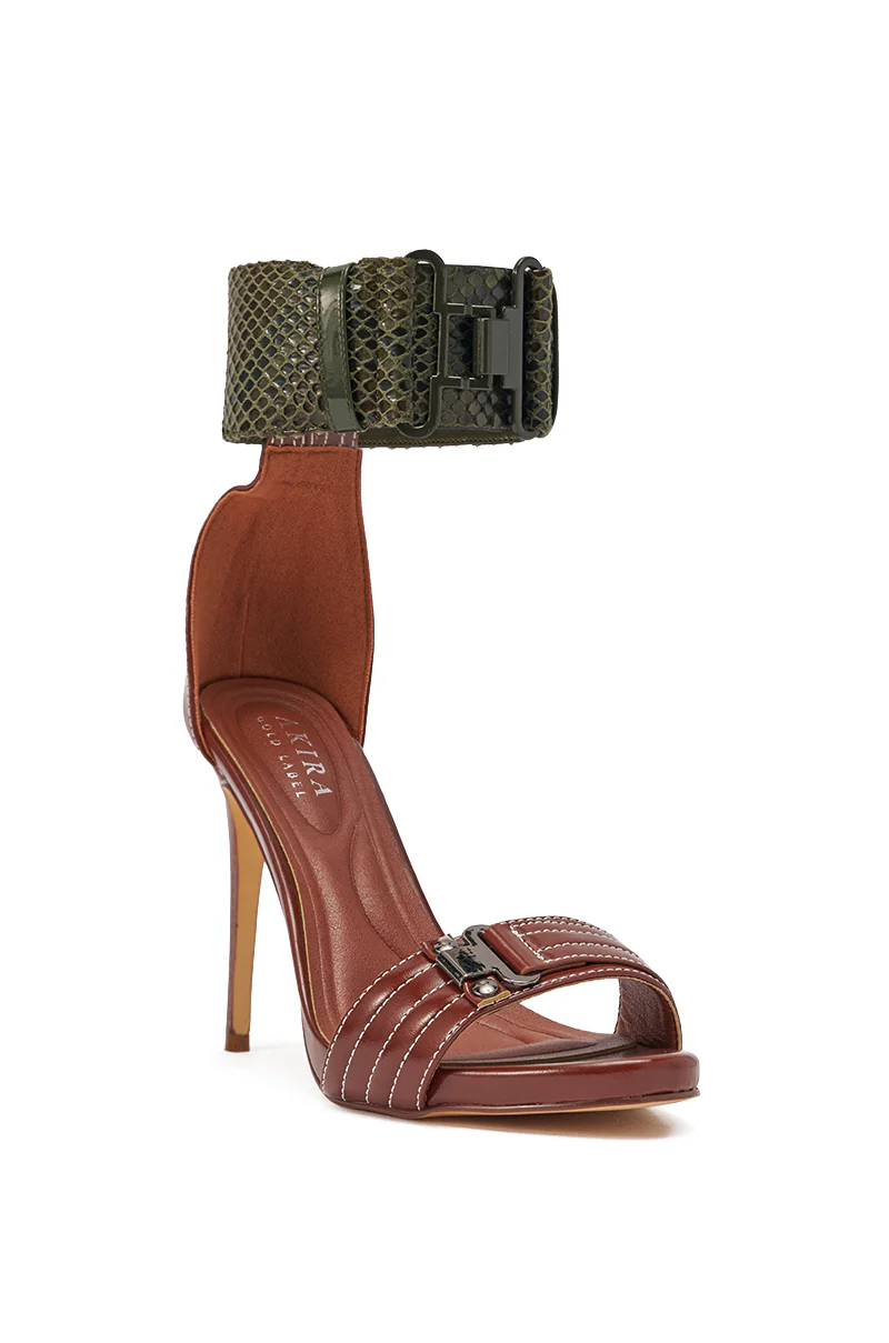 AKIRA GOLD ELEGY BROWN CROC BUCKLE HARDWARE STILETTO SANDAL - Image 4