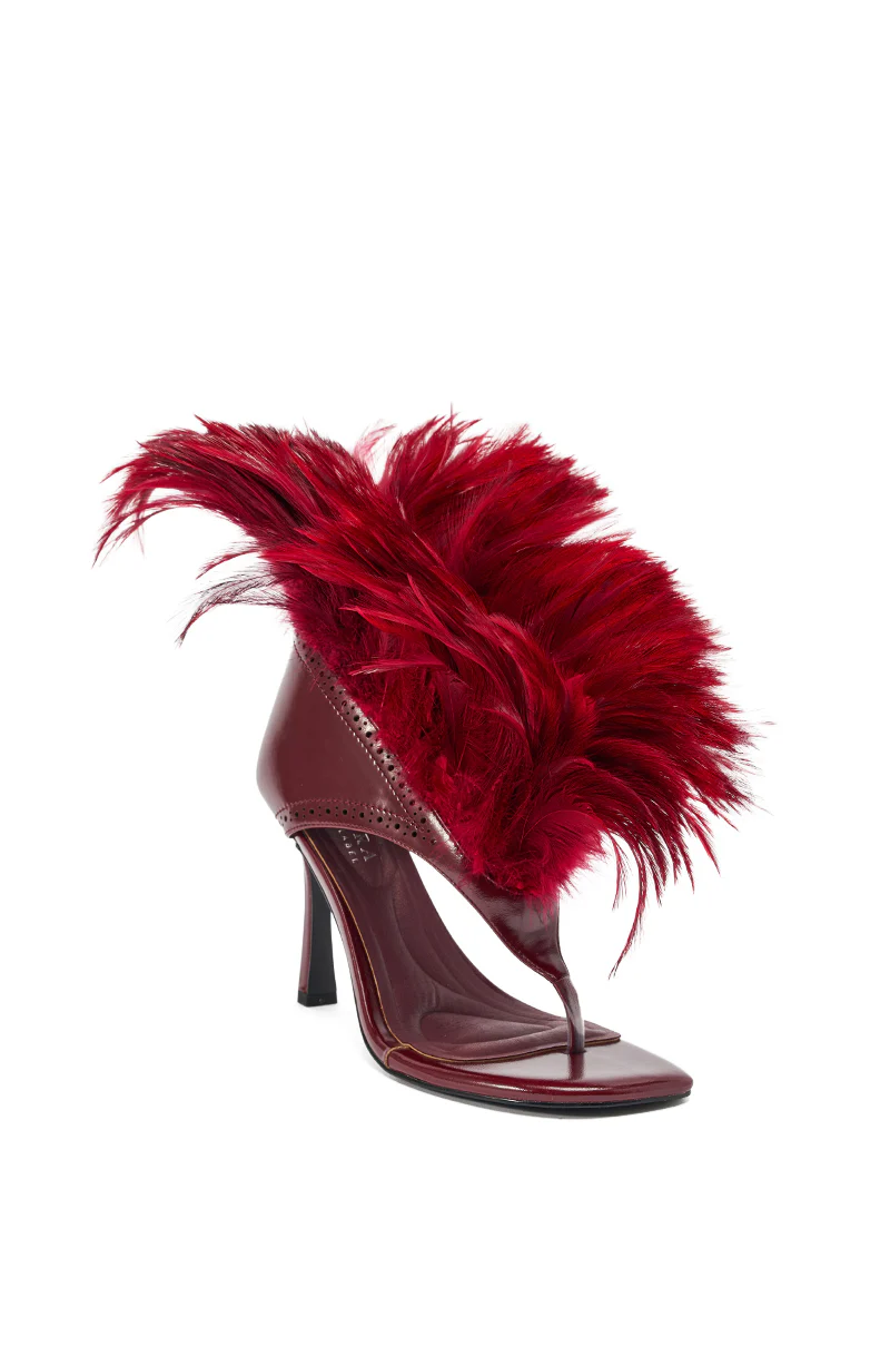 AKIRA GOLD ELIZAVETA BURGUNDY FEATHER THONG SANDAL - Image 6