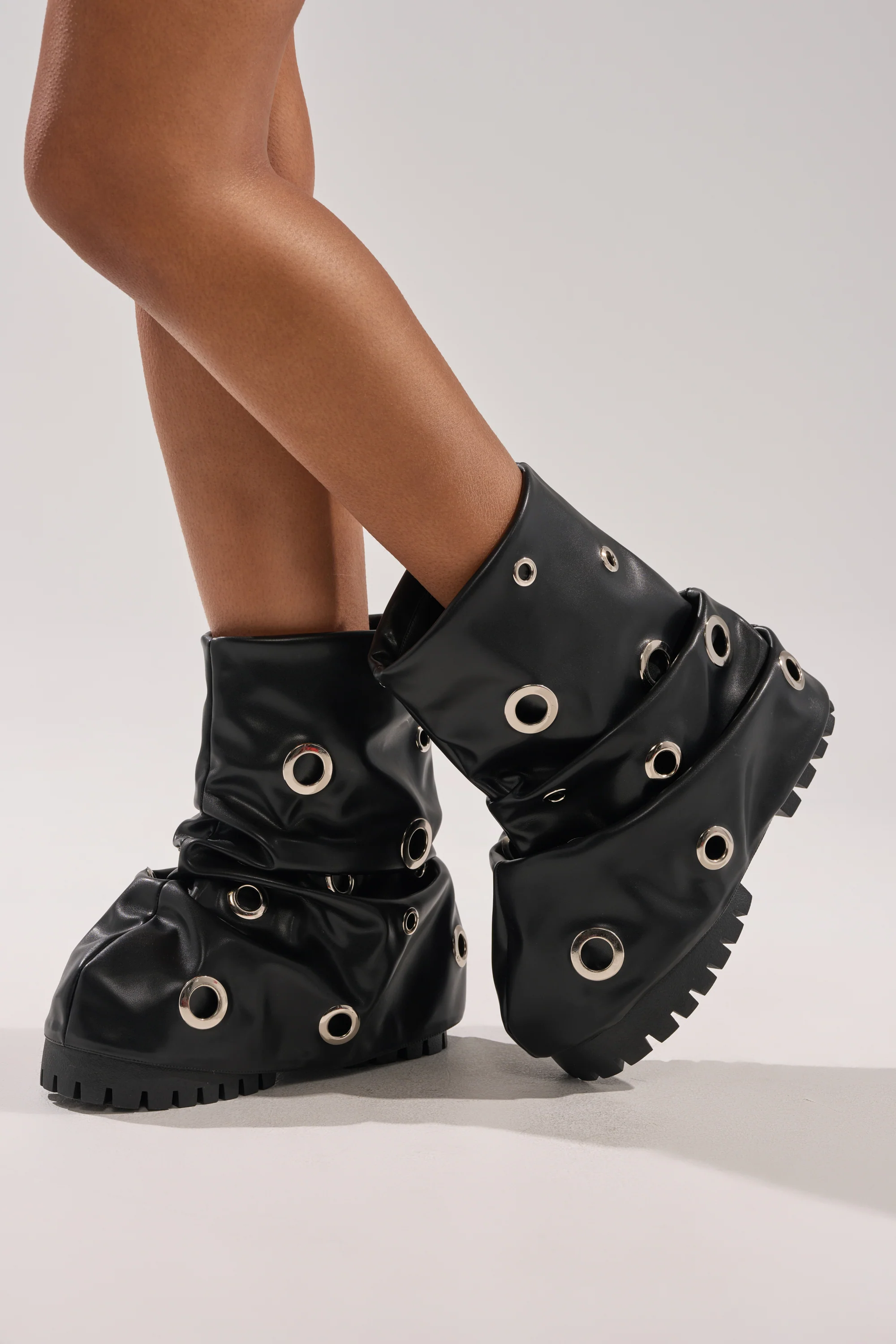 AKIRA GOLD FABLE BLACK GROMMET EMBELLISHED FLAT BOOTIE - Image 2