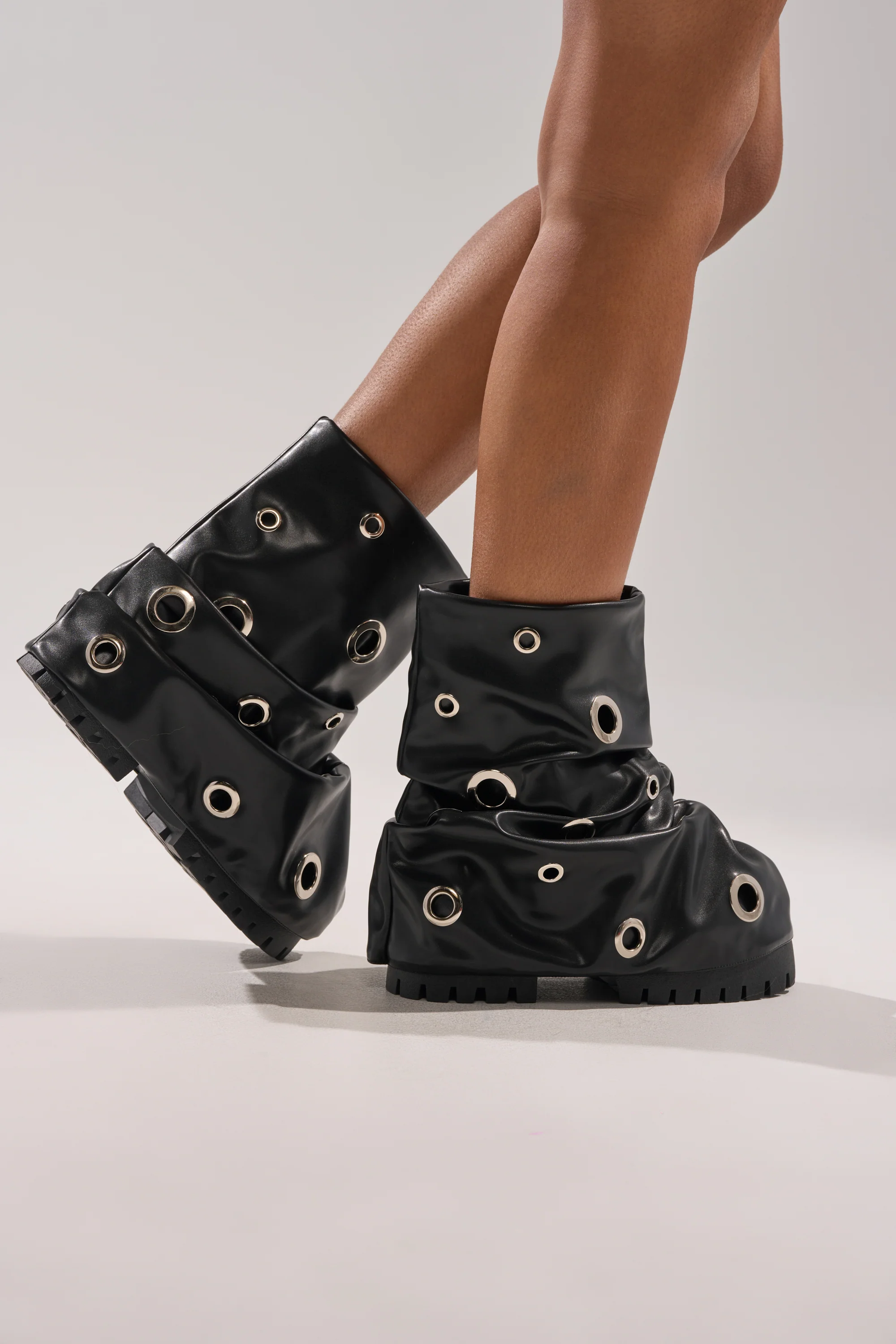 AKIRA GOLD FABLE BLACK GROMMET EMBELLISHED FLAT BOOTIE - Image 3