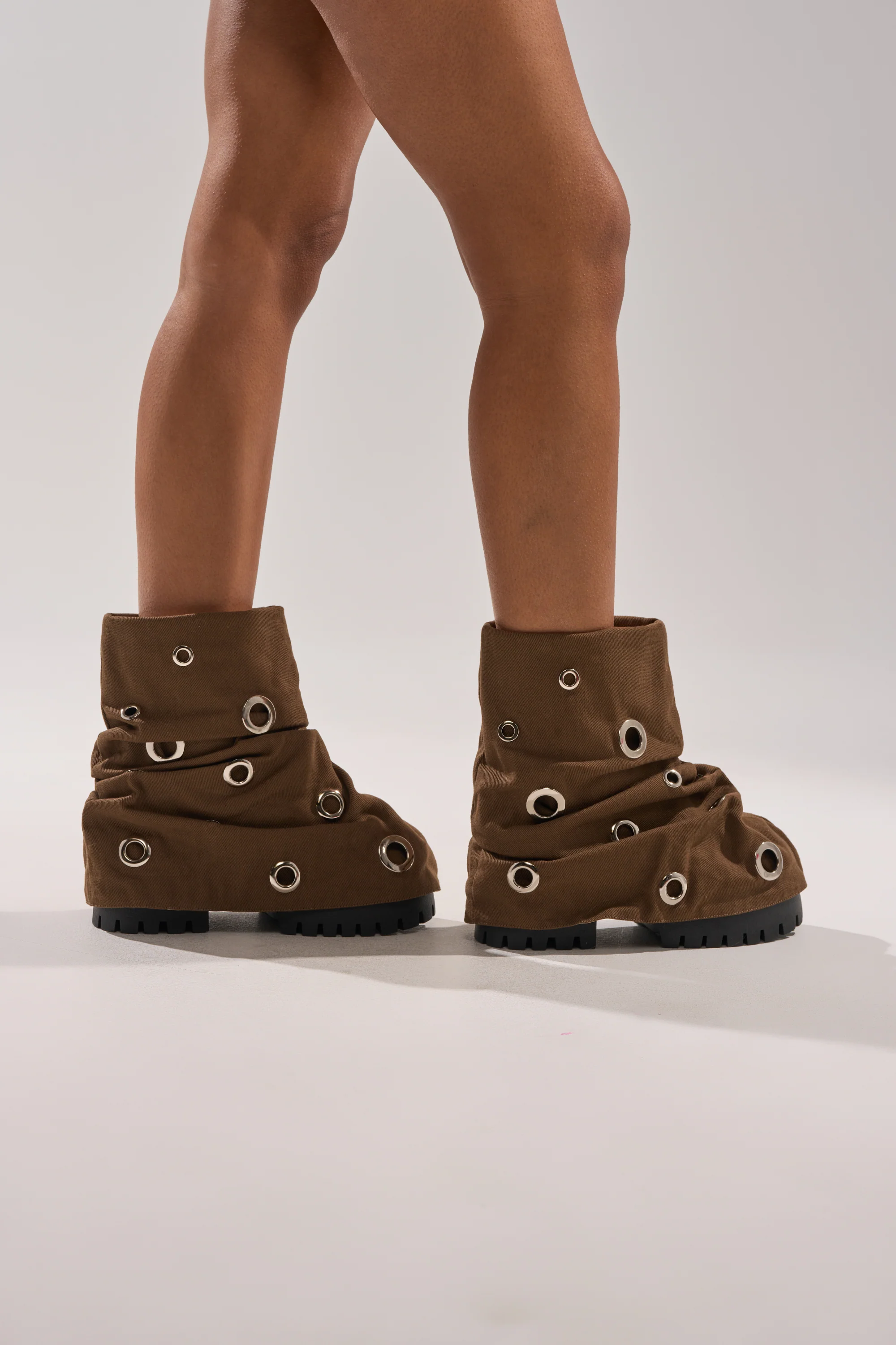 AKIRA GOLD FABLE BROWN GROMMET EMBELLISHED FLAT BOOTIE - Image 2