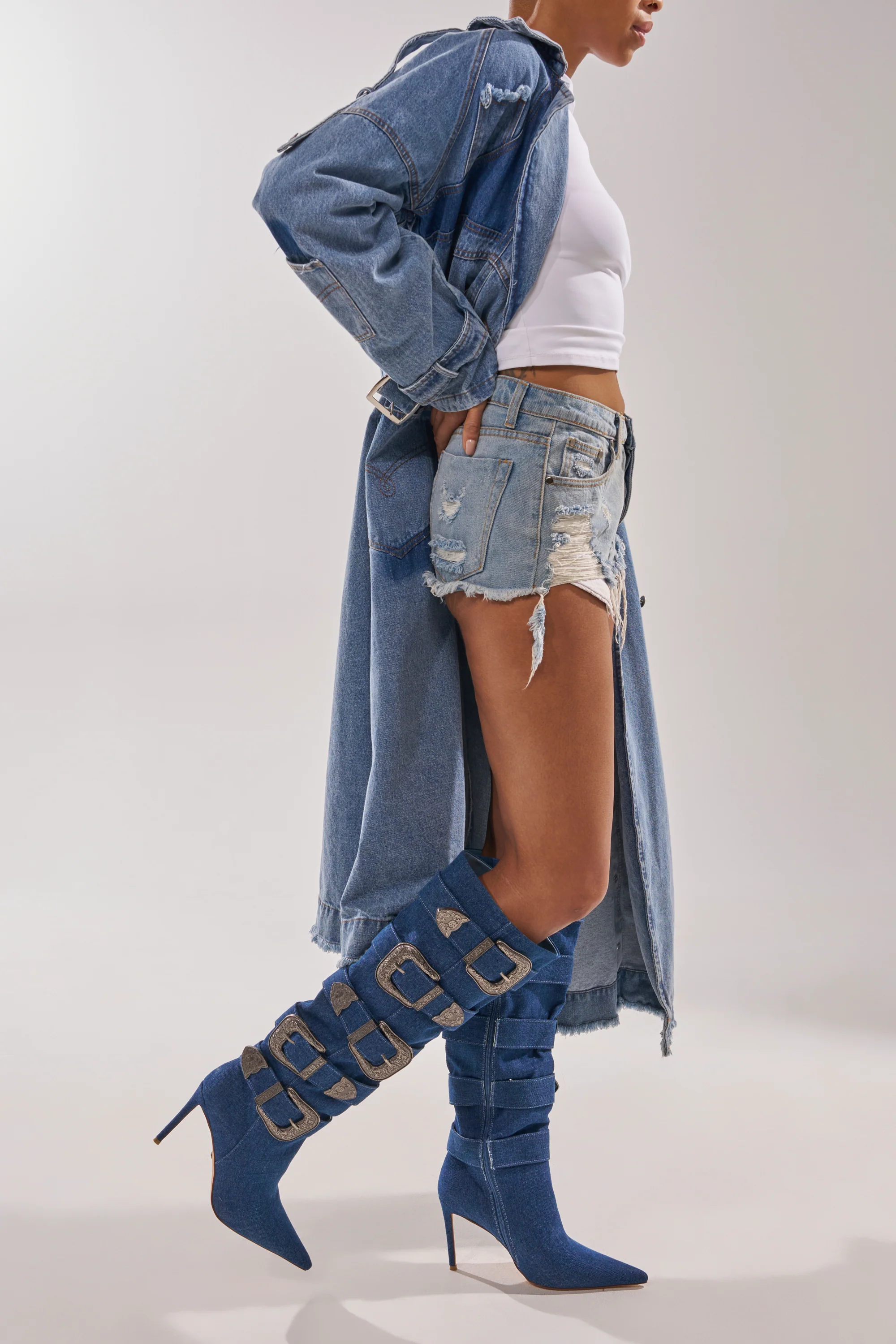 AKIRA GOLD FALLON DENIM BUCKLE EMBELLISHED STILETTO BOOT - Image 2