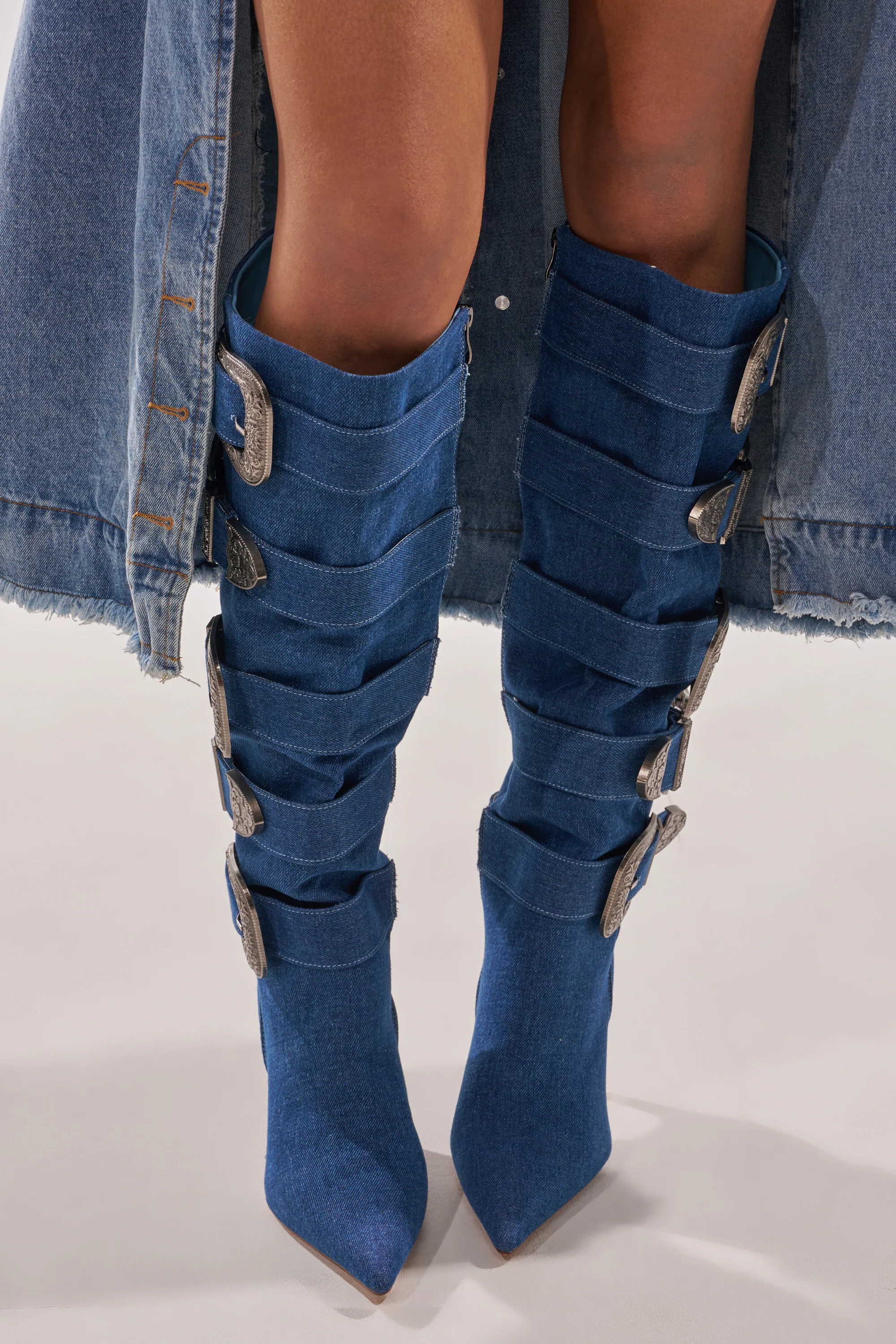 AKIRA GOLD FALLON DENIM BUCKLE EMBELLISHED STILETTO BOOT - Image 3