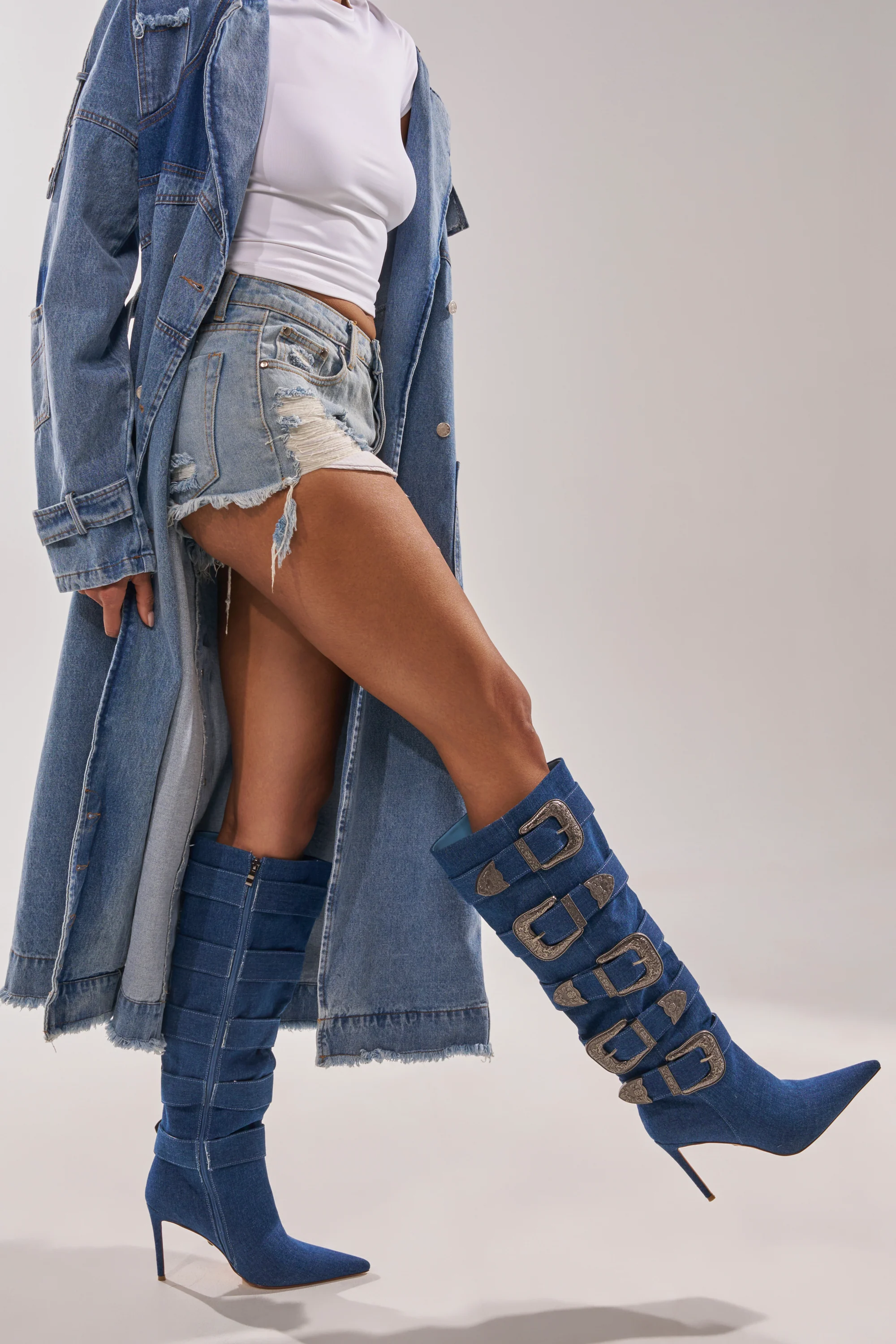 AKIRA GOLD FALLON DENIM BUCKLE EMBELLISHED STILETTO BOOT - Image 4