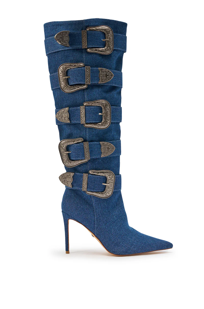 AKIRA GOLD FALLON DENIM BUCKLE EMBELLISHED STILETTO BOOT - Image 5
