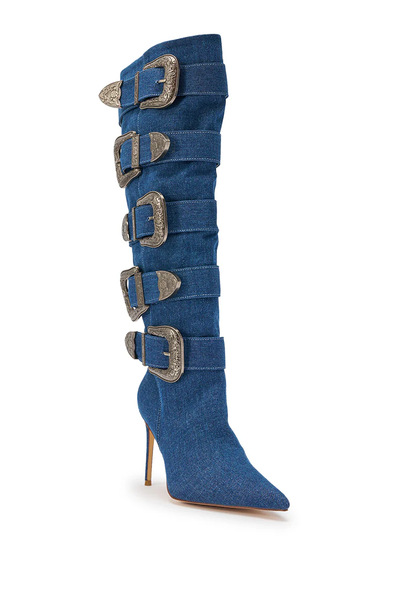 AKIRA GOLD FALLON DENIM BUCKLE EMBELLISHED STILETTO BOOT - Image 6