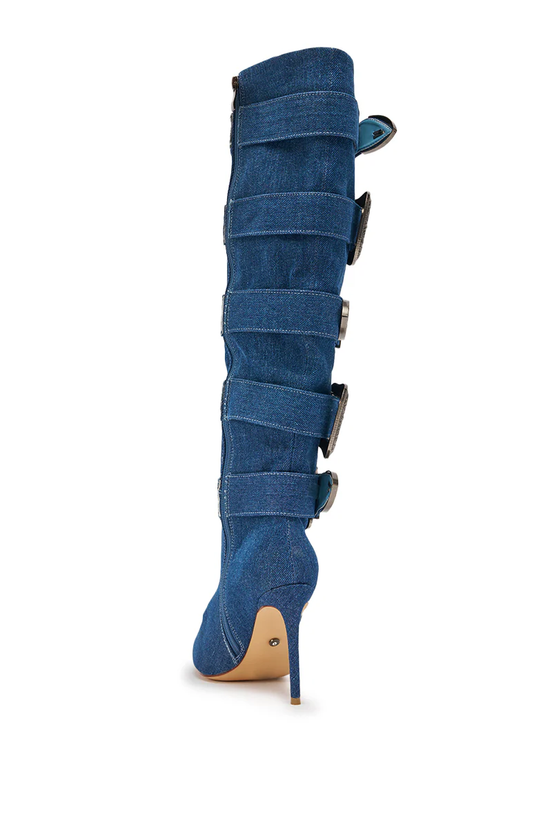 AKIRA GOLD FALLON DENIM BUCKLE EMBELLISHED STILETTO BOOT - Image 7