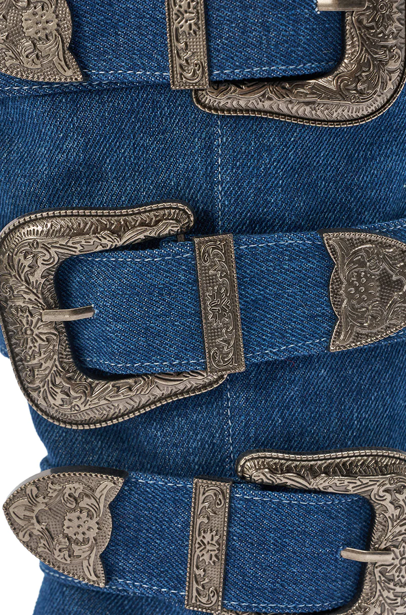 AKIRA GOLD FALLON DENIM BUCKLE EMBELLISHED STILETTO BOOT - Image 8